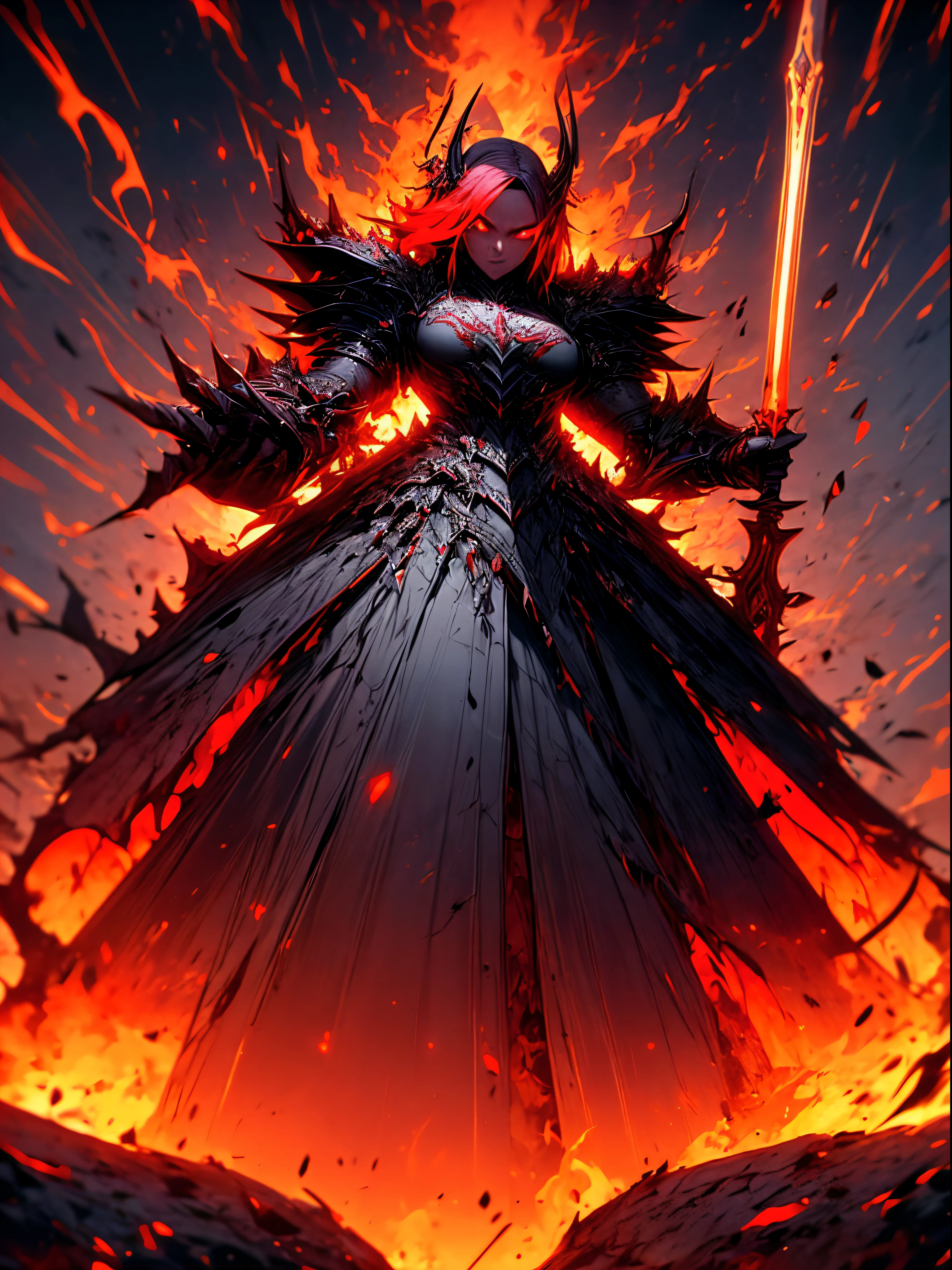 a beautiful female, a demon slaying female, fearful beautiful eyes, beautiful body, Beautiful face, dragon Armor, Collapsed civilization with dead dragons on the background, mixture a elements raging from his sword and from behind, facing toward camera, red and black eyes, 4k wallpaper, ultra high detailed,