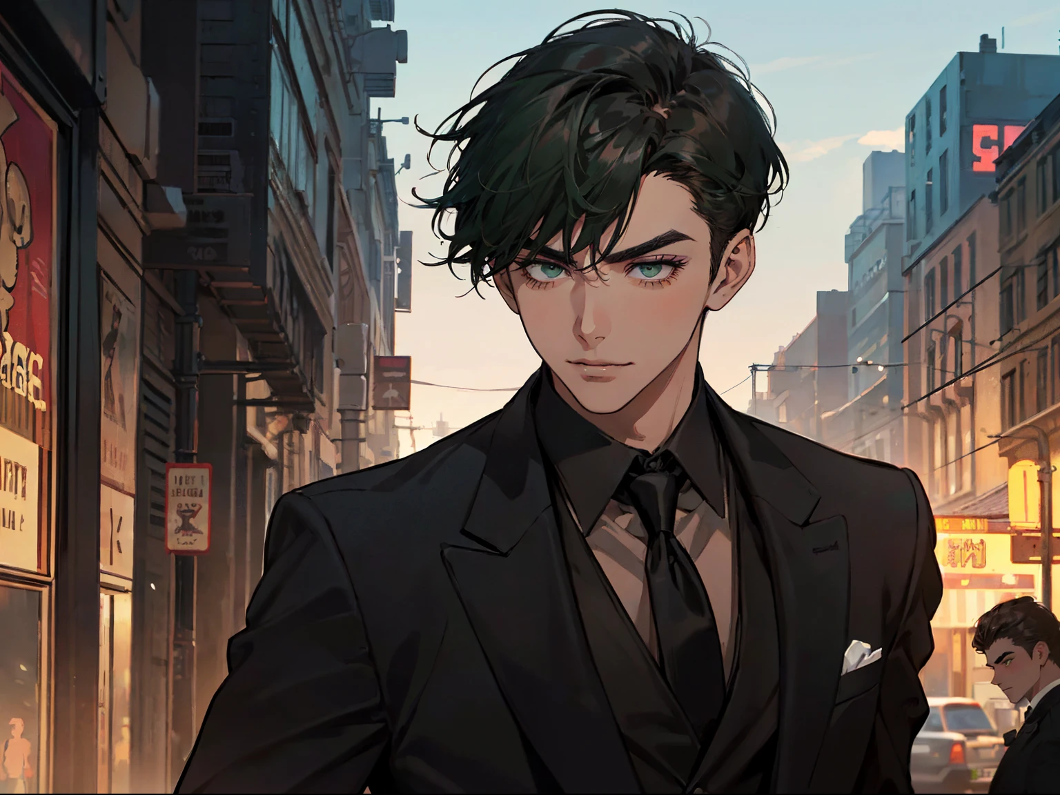 ((a young man in a black suit and tie)), taken in the early 2020s, gotham, alejandro, he looks very sophisticated, (((left side swept bang black short hair))), (dark green eyes and thick eyebrows), smirk. ((20 years old)), ((Black suite and black tie)), masterpiece, posture dynamic, one person, ((brown skin))