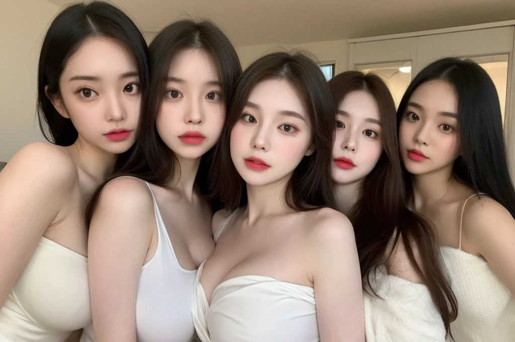 ((realistic, pale white skin:1.3,high resolution:1.3)), 3 young girl with perfect figure, three people leaning forward side by side:1.2, (gigantic breasts:1.3),half body, super fine face and eyes, long hair, white veil: 1.2 , in bedroom, standing, exposed cleavage