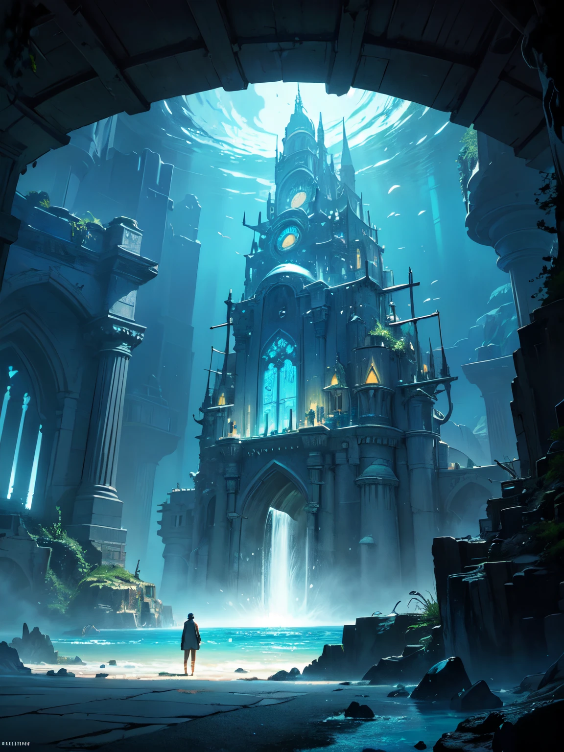 a painting of a beyond-dimensional fantasy world,a world of under the sea,Atlantis,science fiction,uplighting,studio Ghibli,unreal engine,epic composition,CG digital render,Ultra HD,technique highly detailed,triadic color scheme