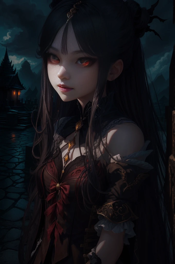 Vampire Girl , Masterpiece, ,(独奏:1.1), a perfect face, (vivid lighting:1.2),beautiful detail eyes, extremely detailed face, perfect lighting,Masterpiece, Best Quality, 1girl, pale skin, hairlong, 20years old , red eyes, fangs, A glass of blood in his hand, Complex hairstyle, vampire fangs, open mouth, sharp teeth, vampire fangs, in full height , seductive position, upper-body, ssmile, blushful, En plein air, jour, Simple background, blue skies,hairlong, The sky, temple, looks at the viewer, ladder, mountain, Gloomy lighting, facing the viewer,
