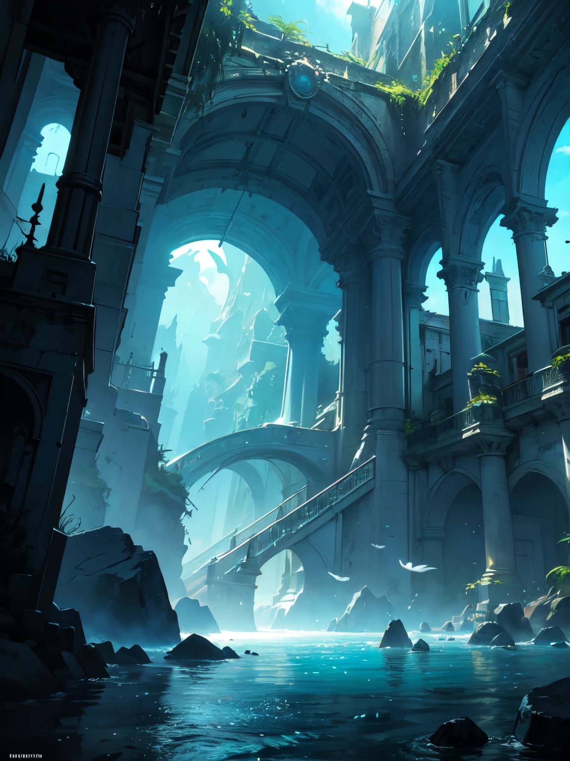 a painting of a beyond-dimensional fantasy world,a world of under the sea,Atlantis,science fiction,uplighting,studio Ghibli,unreal engine,epic composition,CG digital render,Ultra HD,technique highly detailed,triadic color scheme
