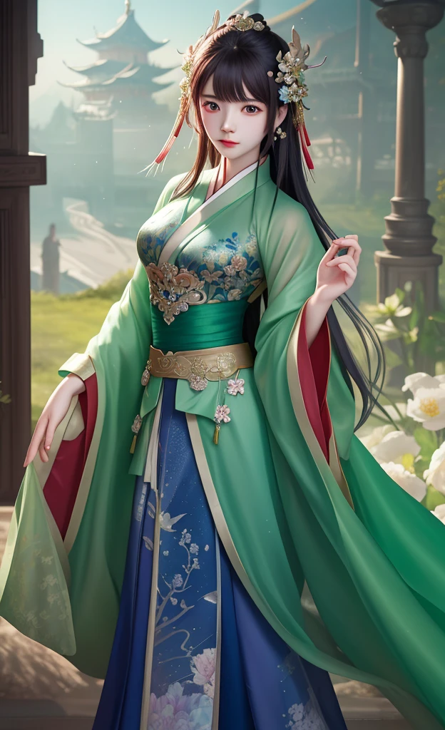 there is a woman with a flower in her hair and a green dress, palace ， a girl in hanfu, artwork in the style of guweiz, guweiz, beautiful character painting, by Yang J, by Li Fangying, guweiz on pixiv artstation, ((a beautiful fantasy empress)), by Li Song, beautiful anime portrait