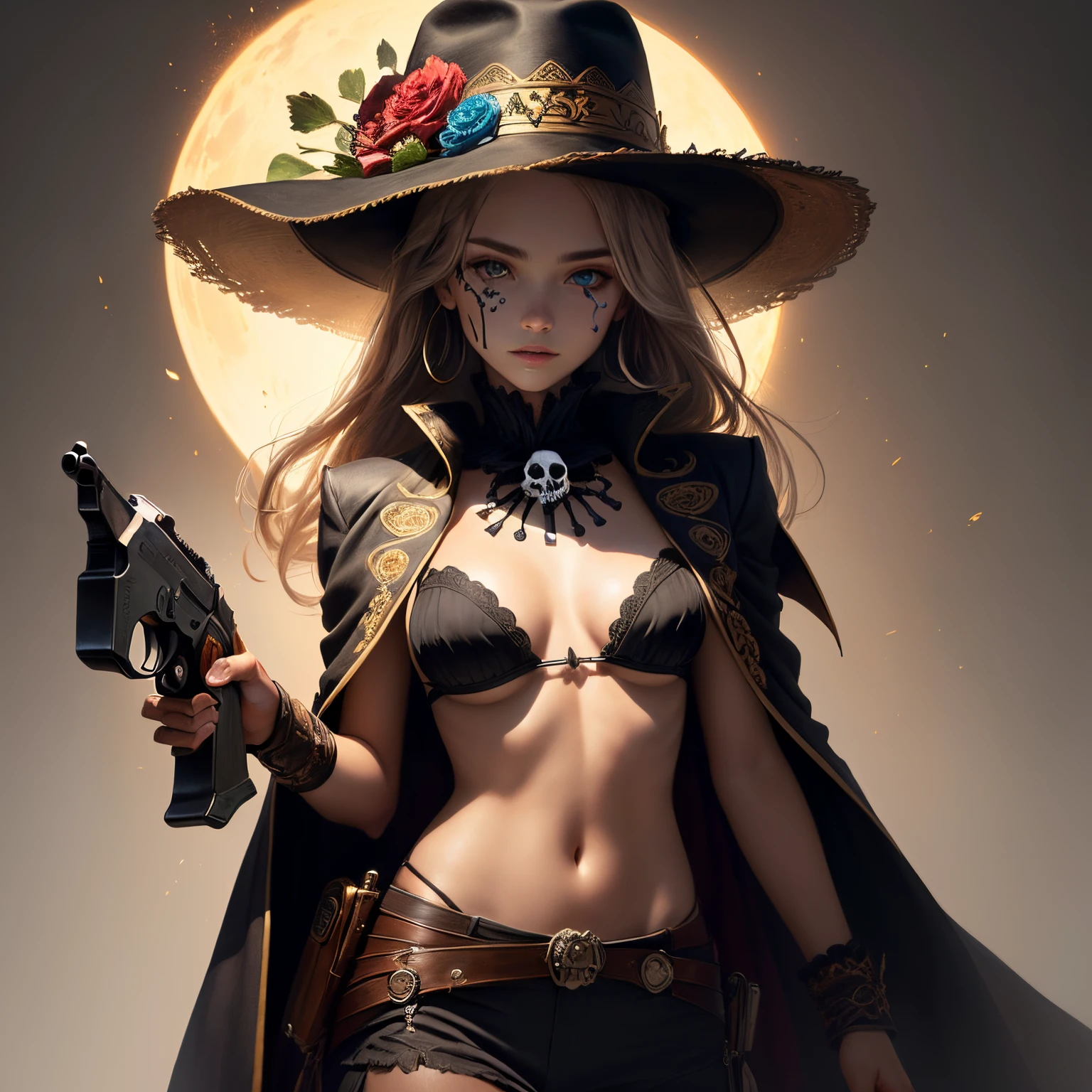 A skull with a Sombrero on with a revolver