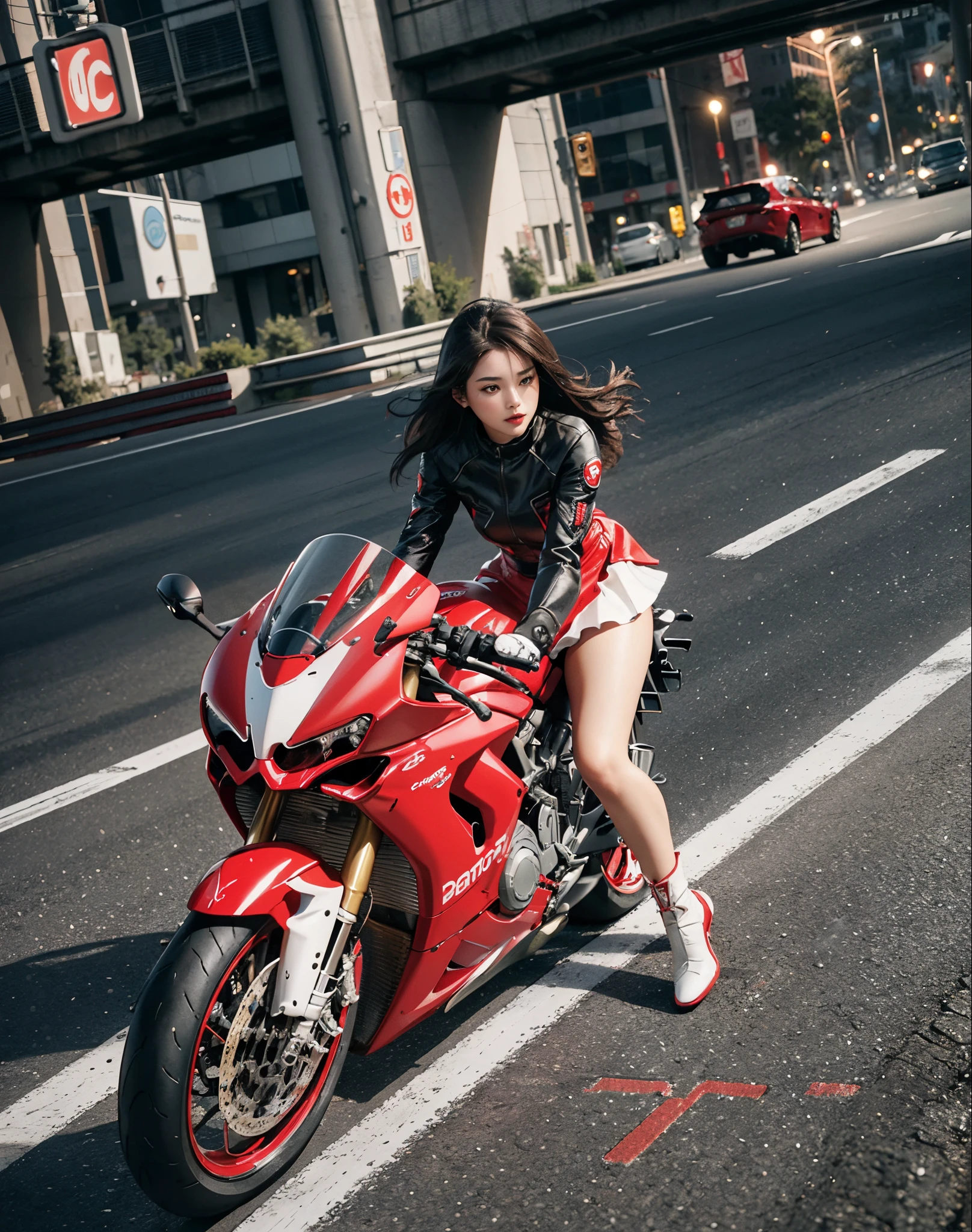 hight resolution、high-level image quality、in 8K、Real live-action、Raw photography、top-quality、masterpiece、masutepiece、(Soft Saturation:1)、(depth of fields:1.2)、(Ray traching:1.2)、Shot diagonally from above、mid night、optic、The background is a sci-fi future city at night.....、Light traces、particles of light are dancing、Dynamic poses、Dynamic camera angles、heavy wind、Big red motorcycle speeding through the city at night、Young woman in red dress sitting on a big red motorcycle, Beautiful face、kawaii faces、(RED dress:1.2)、(Red short skirt:1.3)、white knee highs、(Red boots:1.2、Draw the toes:1.2)、perfect hand、perfect foot、perfect ankles、Perfect toes、Perfect toes、Perfect Heel:1.3、((Grasp the controller with both hands:1.2))、Slouched、put one'Upper body, Lower body:1.2、Sitting on the Ducati Panigale V4,Riding the Ducati Panigale V4, Sci-fi style bikes, Sci-fi style bikes, Ducati Panigale V4 Motorcycle Rider, How to ride the Ducati Panigale V4, (Draw left and right rearview mirrors:1.3)、headlights shine blue、picture of a female biker, motorbike,Motorcycle displacement: Ducati Panigale V4 Details、motion-blur、white smoke from tires、