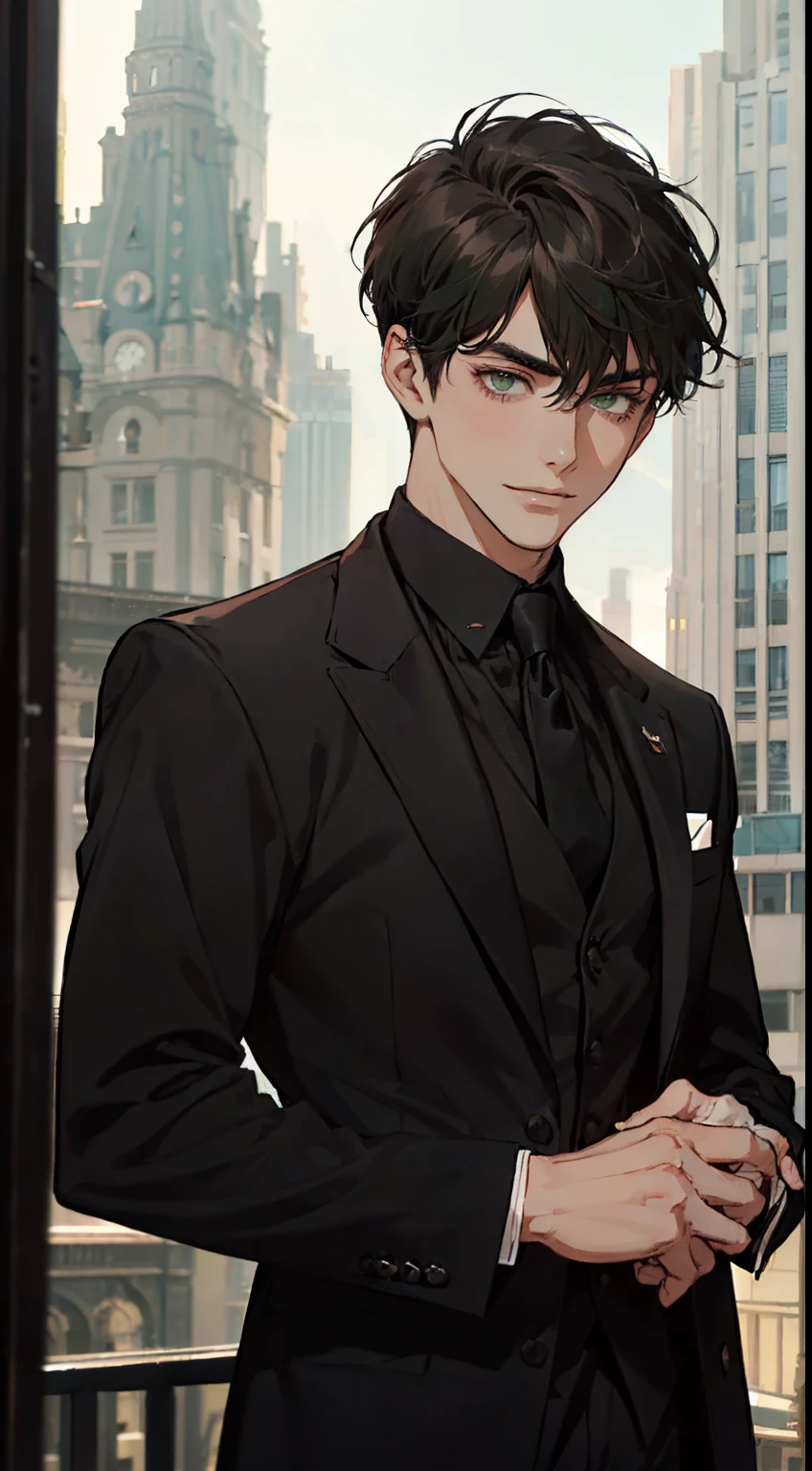 ((a young man in a black suit and tie)), taken in the early 2020s, gotham, alejandro, he looks very sophisticated, (((left side swept bang black short hair))), (dark green eyes and thick eyebrows), smirk. ((20 years old)), ((Black suite and black tie)), masterpiece, posture dynamic, one person, ((brown skin))