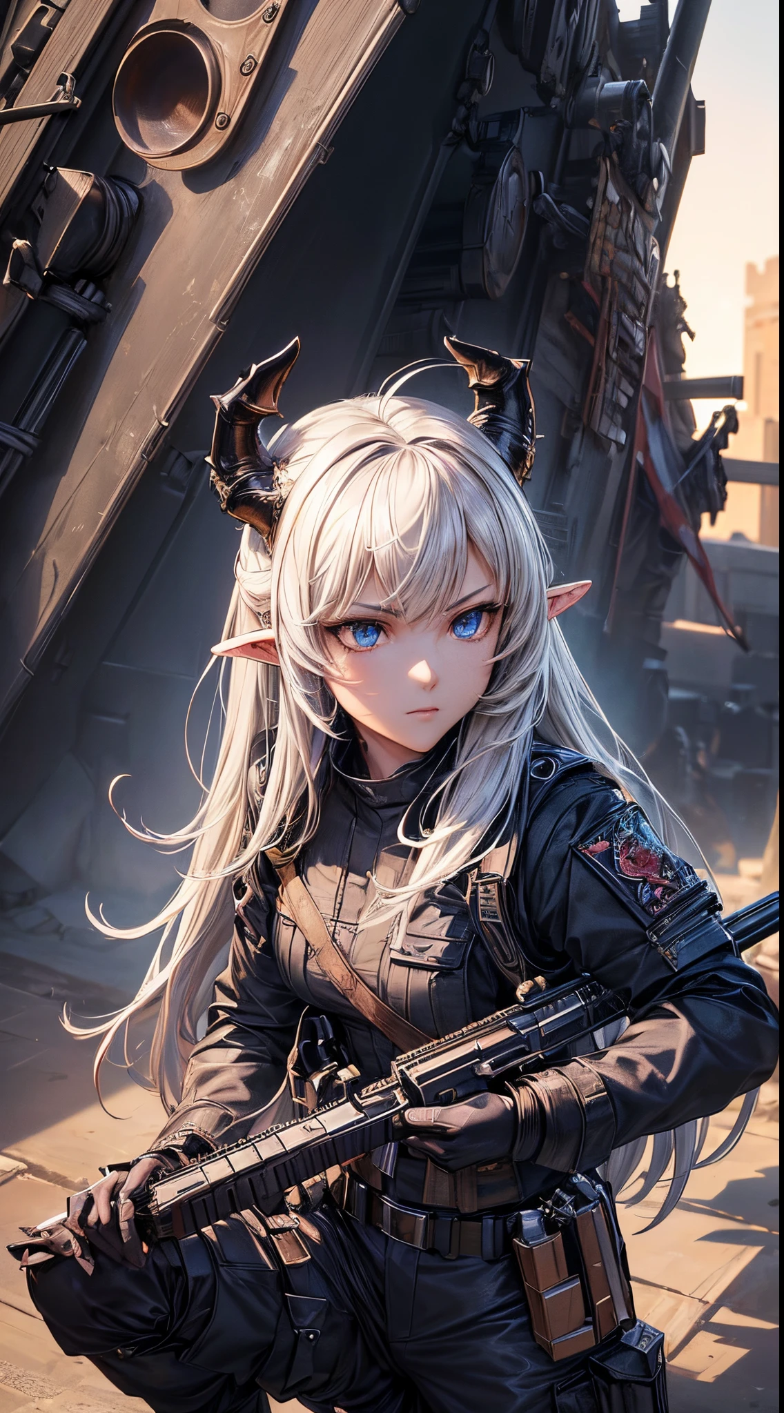 masterpiece, high quality, character concept art, (detailed face, detailed eyes, detailed body:1.5), ARKNIGHTS, sci-fi knights, anthro, dragon features, dragon horns and ears and tails, (wearing sexy elegant future outfit uniform with straps and accessories, cargo pants, military vest), holding weapon, action pose, battle damage