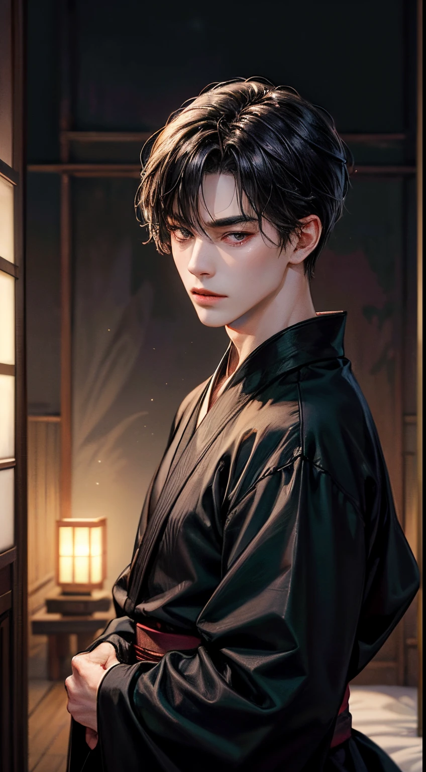 (hight resolution)、masterpiece、top-quality、he is a beautiful japanese ninja、Dressed as a ninja:1.8、Black Shorthair:1.5、No person、Looking at Viewer、Beautiful and large dark eyes due to their symmetry、Night