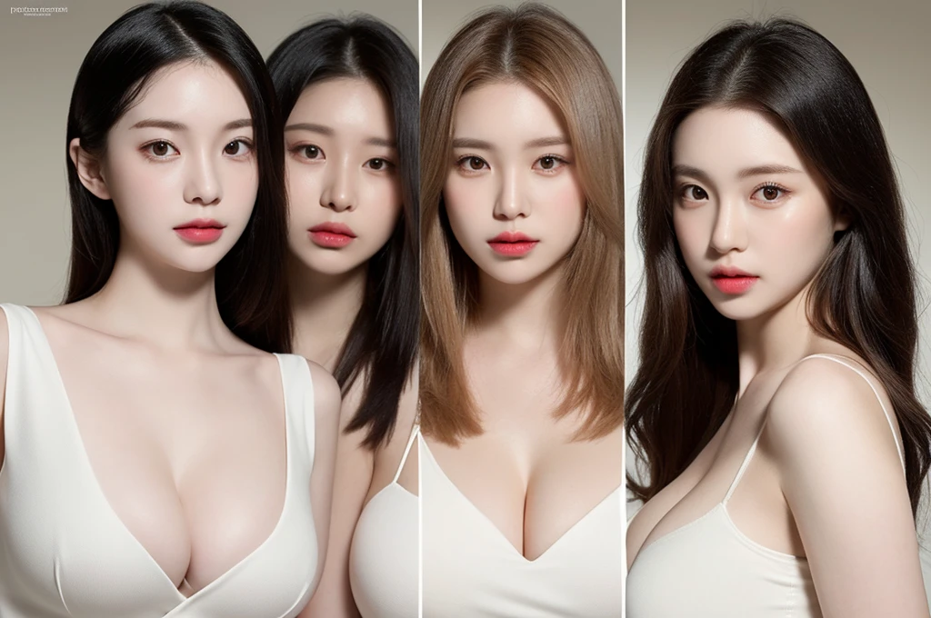 ((realistic, pale white skin:1.3,high resolution:1.3)), 3 young girl with perfect figure, three people standing side by side:1.2, (gigantic breasts:1.3),half body, super fine face and eyes, long hair, white veil: 1.2 , standing, exposed cleavage