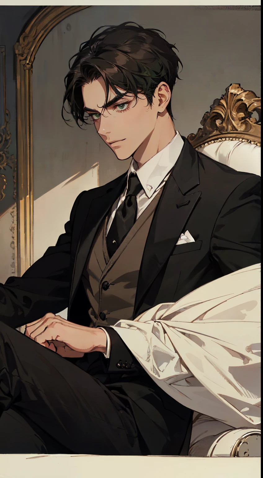 ((a young man in a black suit and tie)), taken in the early 2020s, gotham, alejandro, he looks very sophisticated, (((left side swept black short hair))), (dark green eyes and thick eyebrows), smirk. ((20 years old)), ((Black suite and black tie)), masterpiece, posture dynamic, one person, ((brown skin))