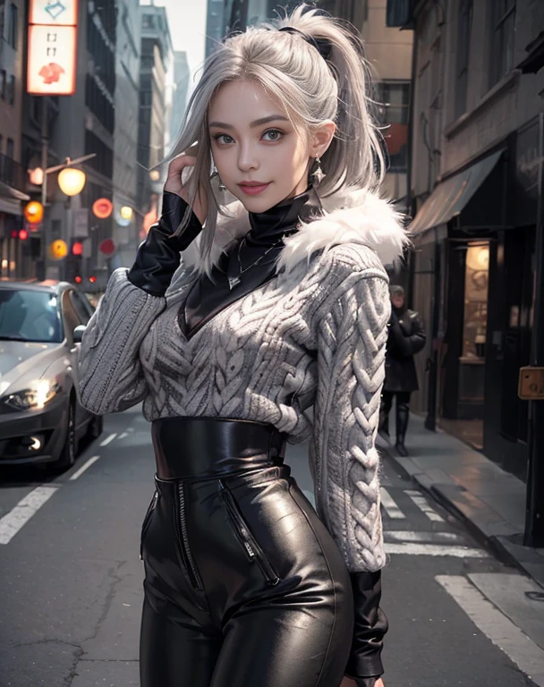 Masterpiece, 8K, photorealistic, ultra realistic, (1girl, solo),
_
the most beautiful, European ig model, 24 years old, 170 cm, (((large breasts:1.2))), ((slender waist, toned thighs, toned arms):1.3)), ((small head, small face, small mouth:1.3)), diamond Face, small nose, Sharp Faceline,
_
BREAK (under body, dynamic angle, wide shot):1.4), walking, from side, look at viewer, Focus foot,
_
(black theme and White), Inorganic, Inorganic concrete studio with window, small window, gray concrete block, highly, blur, blur background, front lightning, Cinematic lighting,
_
BREAK ((big eyes, Double eyelid, tareme, droopy eyes):1.3), ((smile, small lips, teeth:1.3)), (mole under eye:1.2), (Perl White teeth), ((gray hair)), short hair, (ponytail), asymmetrical hair, (Aqua eyes:1.4), light makeup, thin eyebrow, shiny skin, detailed skin, detailed face, (detailed face skin), perfect eyes, (detailed eyes:1.3), shiny hair, ultra-detailed fingers,
_
BREAK ((longcoat, ƒ/8, composite, worn gray coat, felt, dark artslabcoats, Faux Fur Hood, A knee-length quilted puffer coat in a neutral color like olive or navy, Faux fur-lined hood for added warmth and style, Wear with a chunky knit scarf and knee-high boots for a winter-ready outfit, black High neck Fur sweater:1.4)), ((black leather pants:1.4)), ((silver earring, silver bracelet, silver necklace):1.2), raw photo,