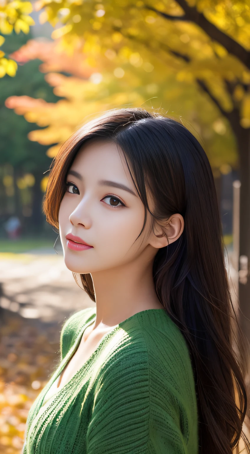 Photorealistic, of the highest quality, masutepiece, 8K, High resolution, 2 girls in, 、hightquality、ighly detailed、epic poem、Particle effect、Dynamic effects、depth of fields、Cinematic Light、Lens Flare、Ray tracing)、Fantasia、 (Beauty 2 people、knit、piercings、onepiece、A dark-haired、Beautiful face、Real Face、Beautiful detail eyes、Beautiful skin)、Hair flutters in the wind、Hair jumps、Trees with autumn leaves、Beautiful autumn leaves、Petals flutter、Superb view