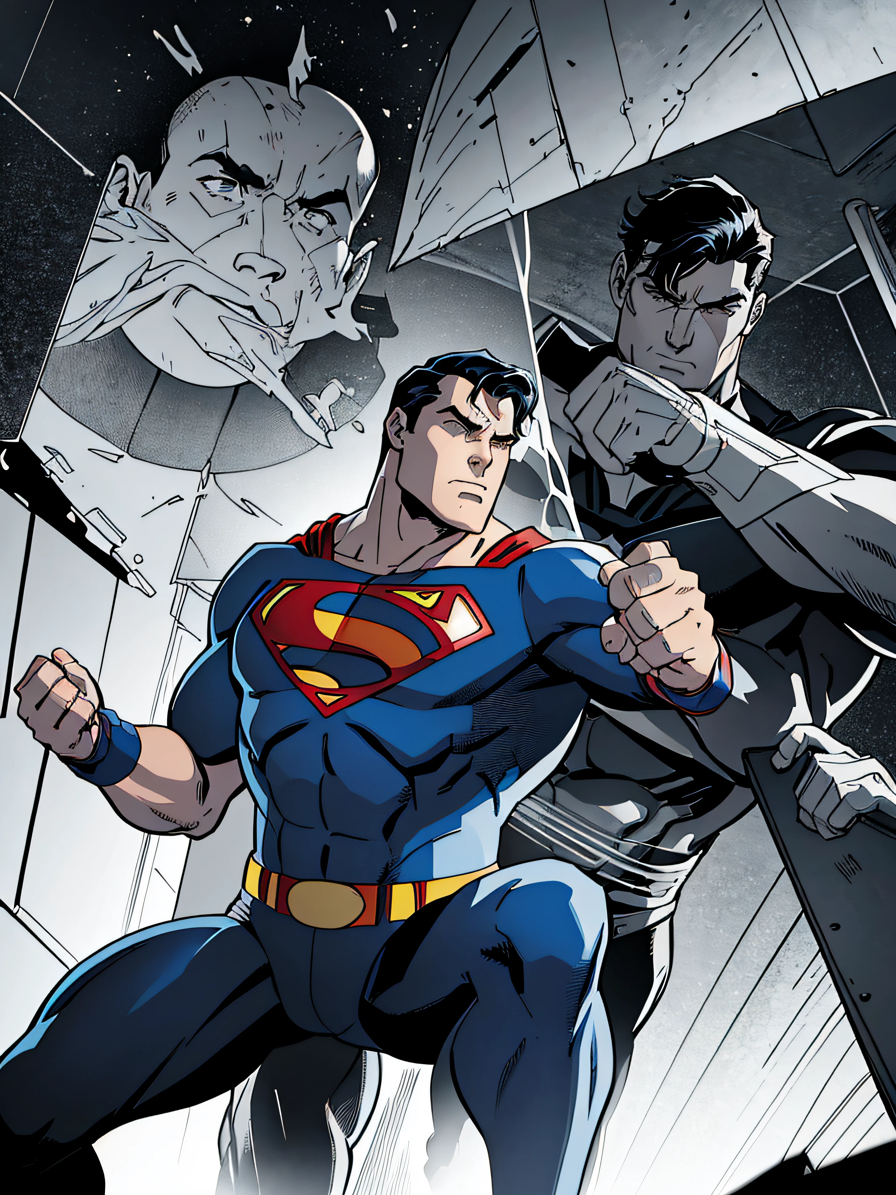 Generate an illustration that captures to Clark Kent and Superman, evoking the charm of the 1960s. Begin with Clark Kent in a contemplative pose, emphasizing anatomical accuracy and realism and continue with Superman in action pose, emphasizing anatomical accuracy. Showcase his everyday attire with colors inspired by the muted and warm tones of the 1960s palette. Ensure his anatomy adheres strictly to realistic proportions, depicting him in a moment of reflection, reminiscent of remembering a recent heroic battle. Transition seamlessly to a dynamic scene featuring Superman in the midst of combat, still maintaining the vintage color palette. Emphasize anatomical accuracy and realism, steering clean poses and bold lines. Illustrate Superman's physique with accurate muscle definition and human features, utilizing the subdued hues of the 1960s. Convey a sense of power and determination as he engages in a heroic struggle. The goal is to create a composition that not only emphasizes the contrast between Clark Kent's ordinary moments and Superman's extraordinary actions but also pays homage to the iconic color palette of the 1960s. Avoid fantastical elements and prioritize the subtleties of human form over the stylized and dynamic characteristics associated with Joe Shuster's iconic superhero artwork.