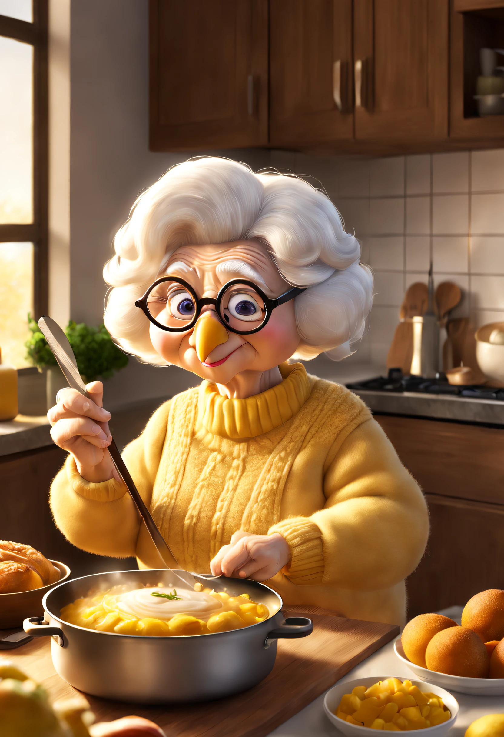 Cute white turkey grandma in yellow sweater with reading glasses is cooking，3 Rendering, Focus sharp, ultra-realistic realism, Fluffy, fantasy engine, 5 quality rendering, 3 Rendering, furry art,Brand advertising, Creative poster,Produced by Pixar，