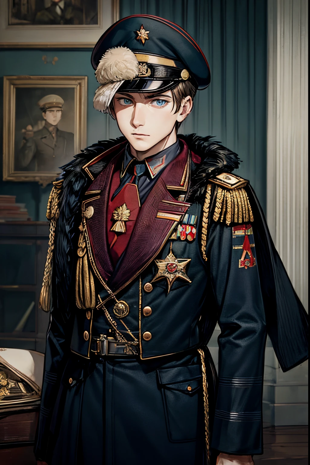 Soviet officer，Russian officer，quadratic element，schoolboy，Cotton cap，Hats，Short hair details，Hairy inches，Young person，delicated face，校服，Handsome，light mature male
