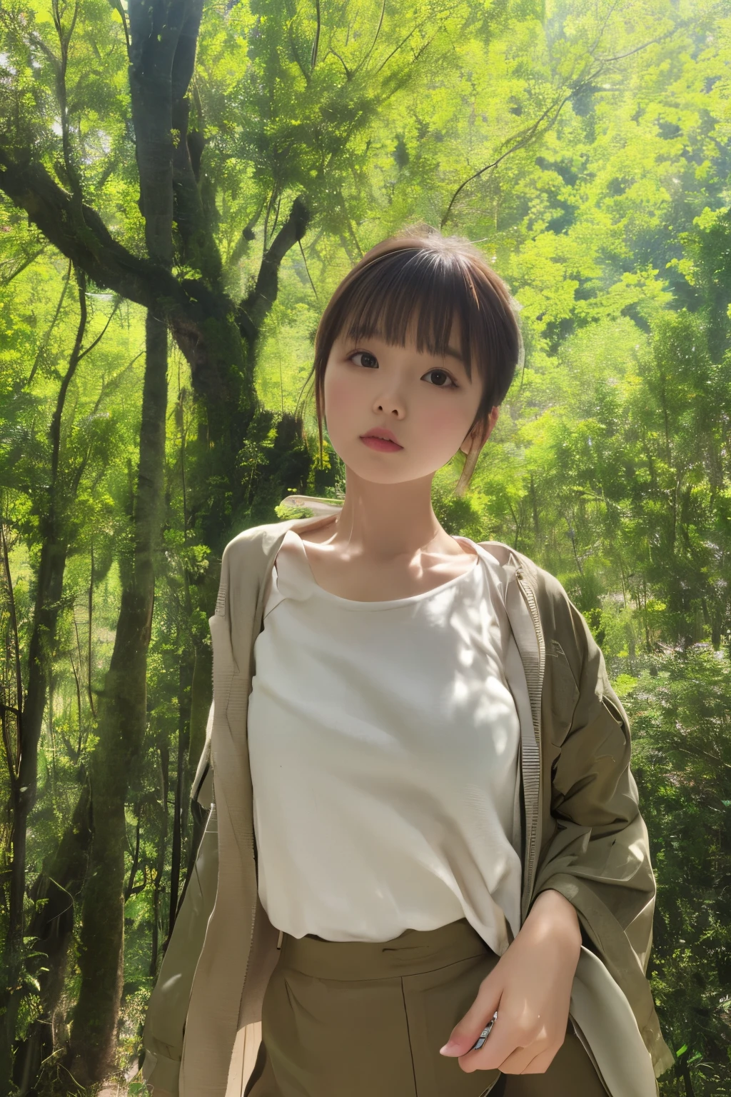 masuter piece、独奏、Little woman、short-cut、Natural color clothing、Natural look、top-quality、ultra-detailliert、High quality detailing、８ｋ、In the deep forest、Tree leakage day、Silence