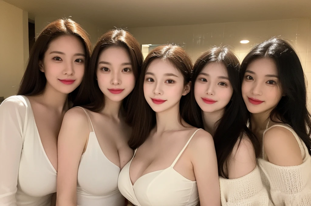 ((realistic, pale white skin:1.3,high resolution:1.3)), 3 young girl with perfect figure, three people standing side by side:1.2, (gigantic breasts:1.3),half body,light smile, super fine face and eyes, long hair, white veil: 1.2 , standing, in the bathroom, exposed cleavage