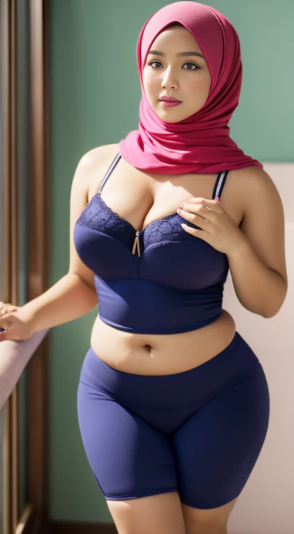 ((best quality)), (masterpiece), (perfect face), (perfect body shape), (detailed image), Chubby woman in hijab, Wearing , ultra-sensuelle underwear, curvy plump body, perfect body, room as background , sexy style