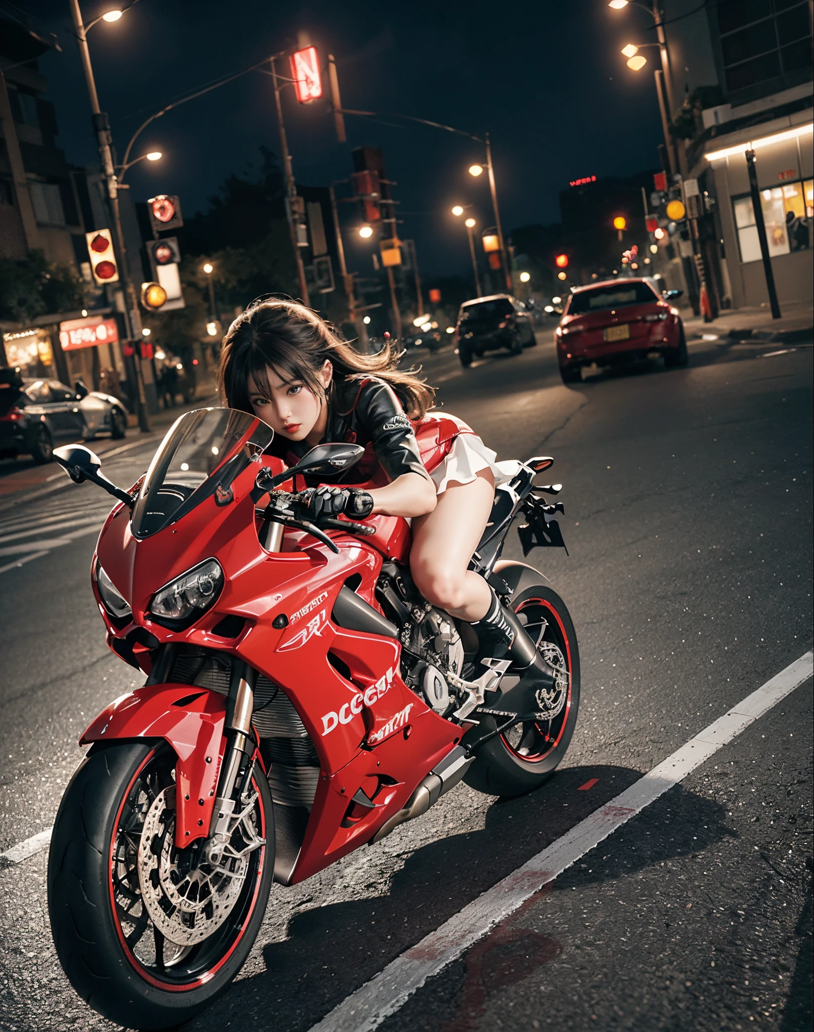 hight resolution、high-level image quality、in 8K、Real live-action、Raw photography、top-quality、masterpiece、masutepiece、(Soft Saturation:1)、(depth of fields:1.2)、(Ray traching:1.2)、Dynamic camera angles、mid night、optic、The background is a sci-fi future city at night......、Light traces、particles of light are dancing、Dynamic Poses、heavy wind、Big red motorcycle speeding through the city at night、Young woman in red dress sitting on a big red motorcycle, Beautiful face、kawaii faces、(Red dress:1.2)、(Red short skirt:1.3)、white knee highs、(Red boots:1.2、Draw the toes:1.2)、perfect hand、perfect foot、perfect ankles、Perfect toes、Perfect toes、Perfect Heel:1.3、((Grasp the controller with both hands:1.2))、Slouched、put one'Upper body, Lower body:1.2、Sitting on the Ducati Panigale V4,Riding the Ducati Panigale V4, Sci-fi style bikes, Sci-fi style bikes, Ducati Panigale V4 Motorcycle Rider, How to ride the Ducati Panigale V4, (Draw left and right rearview mirrors:1.3)、headlights shine blue、picture of a female biker, motorbike,Motorcycle displacement: Ducati Panigale V4 Details、motion-blur、white smoke from tires、