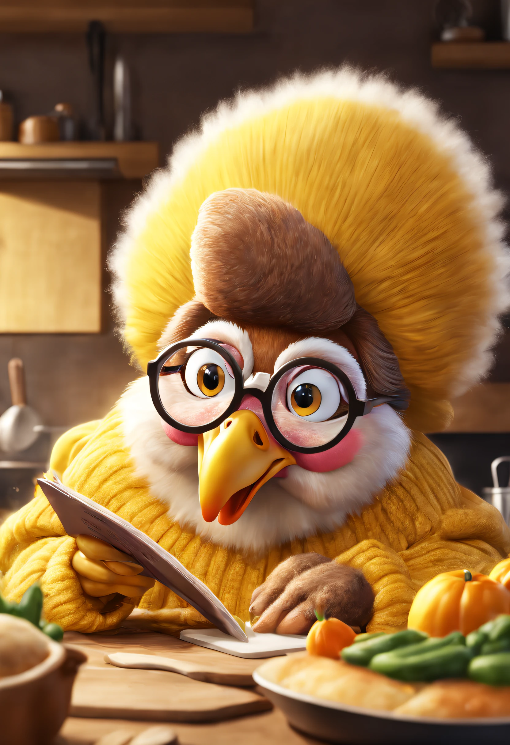 Wear a yellow sweater、Cute white turkey mother wearing reading glasses，Cooking，3 Rendering, Focus sharp, ultra-realistic realism, Fluffy, fantasy engine, 5 quality rendering, 3 Rendering, furry art,Brand advertising, Creative poster,Produced by Pixar，