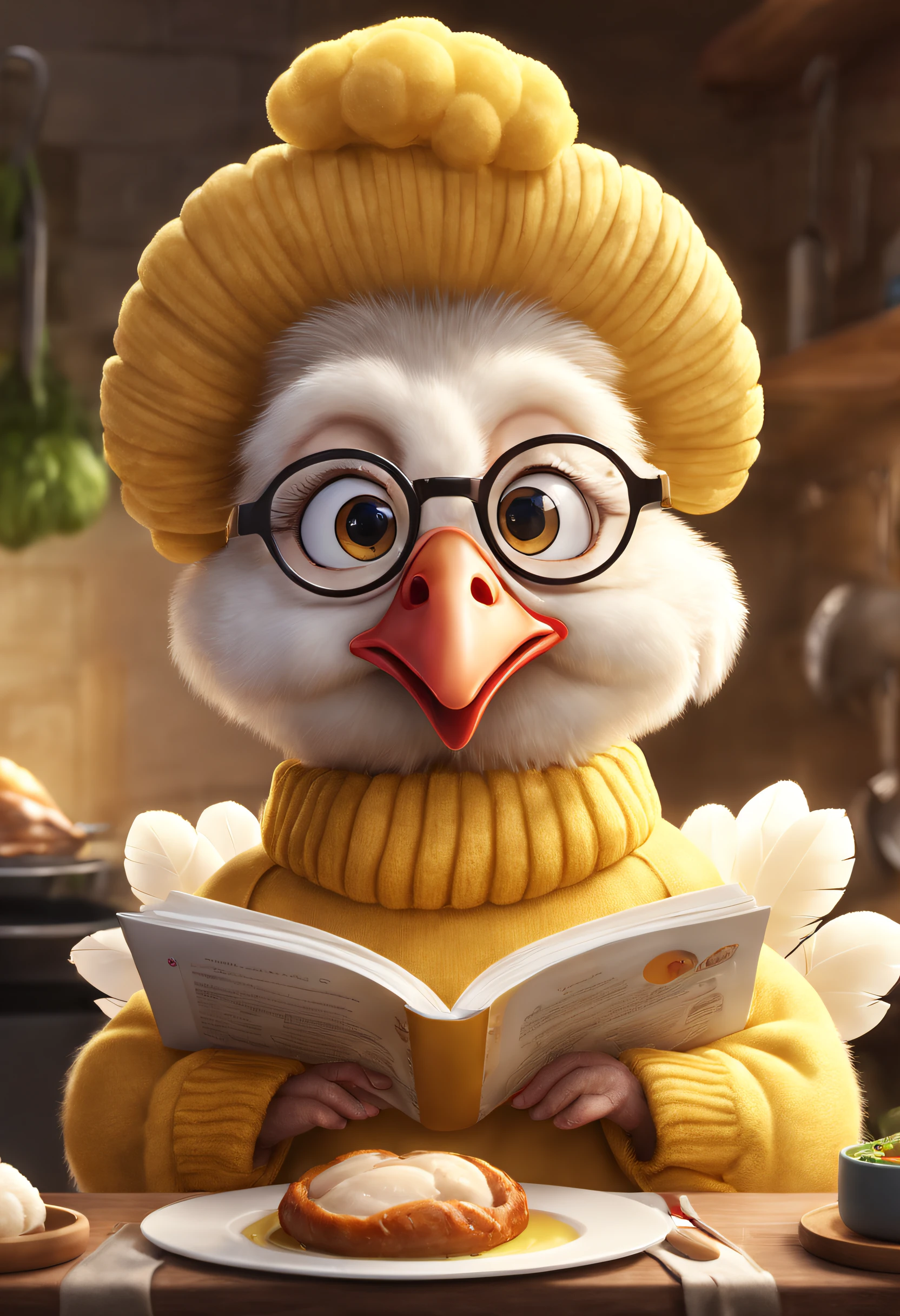 Wear a yellow sweater、Cute white turkey mother wearing reading glasses，Cooking，3 Rendering, Focus sharp, ultra-realistic realism, Fluffy, fantasy engine, 5 quality rendering, 3 Rendering, furry art,Brand advertising, Creative poster,Produced by Pixar，