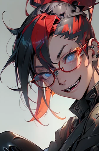 1nerdy Japanese woman with glasses, (braided multicolored hair:1.5), ((boyish)), (low pony tail:1.5), ((messy hair:1.0), (two-tone hair:1.5), (half black and half red hair:1.5)), ((on the left side is black hair:1.5), (on the right side is red hair:1.5)), (((black-rimmed round glasses))), (((beautifully detailed face))), (((perfect face))), (((Beautiful detailed eyes))), (((perfect eyes))), sharp eyes, (Dark Blue eyes:1.5), (gothic makeup with so many eyelashes and jet black eyeshadow), ((sadistic grinning smile:1.2), (open mouth:1.5)), (bronze skin:1.5), ((open stand neck blazer), (loose crop top)), street fashion, cargo pants, (Solo), perfect anatomy, slender, small bust, abs, (thin waist), (handsome face:1.3), ((crazy smile:1.0), (teeth fangs:1.3)), (dark skin:1.5), (Narrowed Eyes:1.1), (half-closed eyes:1.4), (natural forehead:1.1), (piercings:1.3), (action pose:1.1), (((black thick rimmed glasses))), (high detailed skin), ((top-quality)), ((High Definition)), ((beautiful detailed)), high quality shadow, mostly cloudy sky, ((official art)), octane render, two-tone lighting, (Cyberpunk city street background, detailed background), White balance, Long Exposure, Depth of Field, anatomically correct, (((Best Quality))), (((masterpiece))), (((Super Detail))), (((UHD))), (sitting in luxurious black office chair, crossing legs)