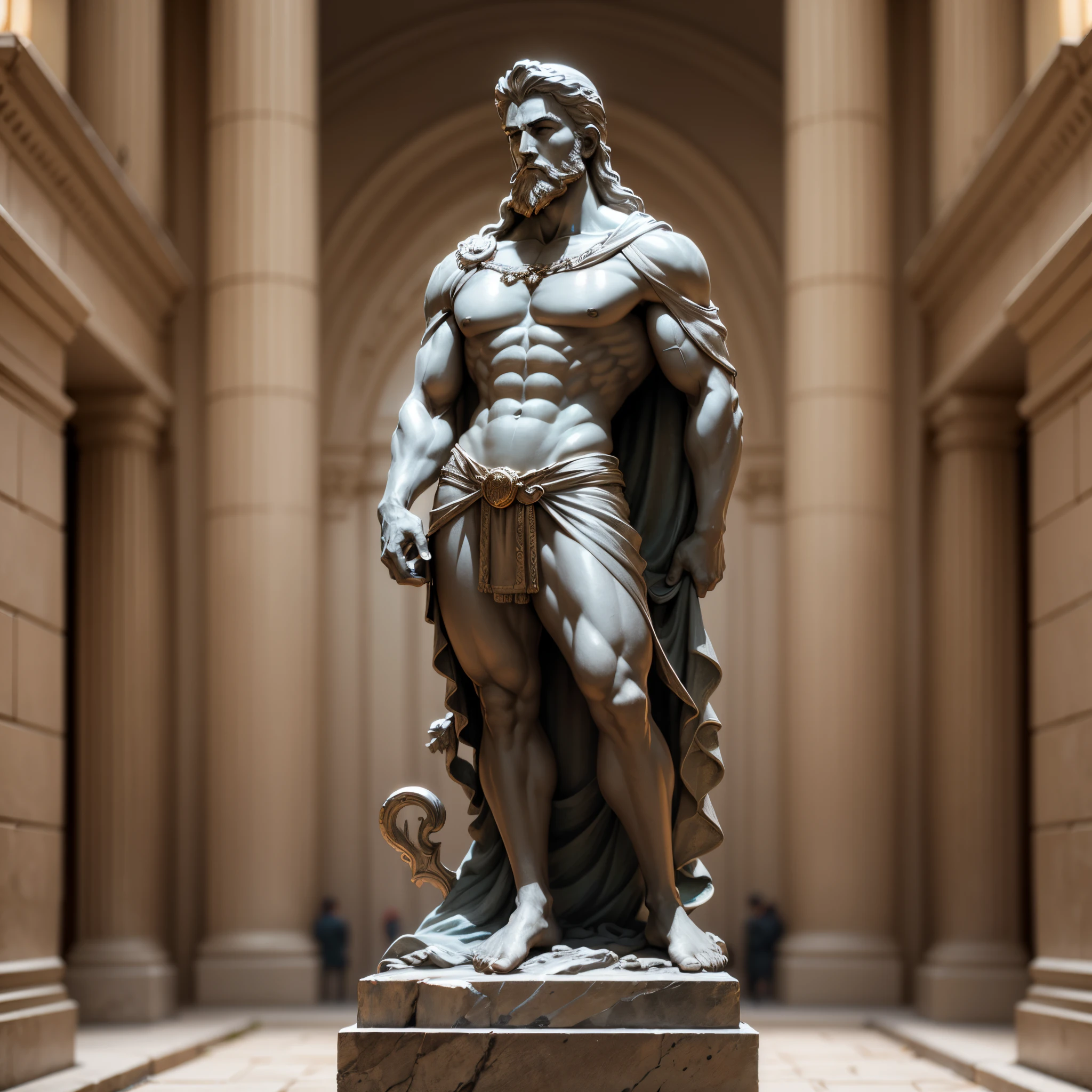 An ancient Greek style full-body muscular bearded deity or hero standing statue with smooth and elegant muscular lines, the statue presents skin with a fine texture, as if you can feel the smooth touch. Every detail is sculpted to life, from the texture of the hair to the knuckles of the fingers, and the stature displays an air of nobility and fortitude. The statue's face is calm and composed, revealing a sense of solemnity that transcends the earthly world. The statue's clothes are elegantly draped over one shoulder, and the dark background contrasts sharply with the statue, making the statue the focal point, and the light and shadow effect highlights the overall ambience of the picture, Long Shot --auto --s2