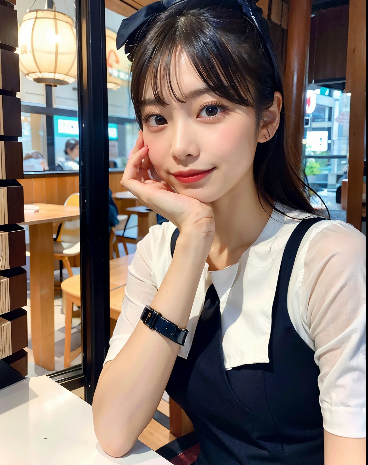 masutepiece, Best Quality, Illustration, Ultra-detailed, finely detail, hight resolution, 8K Wallpaper, Perfect dynamic composition, Beautiful detailed eyes, Wearing a navy business suit、A woman with a wrist watch on her wrist is sitting at a table, Navy christened business suit、Gorgeous young Japan woman, Beautiful young Japan woman, young cute wan asian face, beautiful japanese female, face with artgram, girl cute-fine-face, 8K selfie photo, the face of a beautiful Japanese girl, tzuyu from twice、In a fashionable café