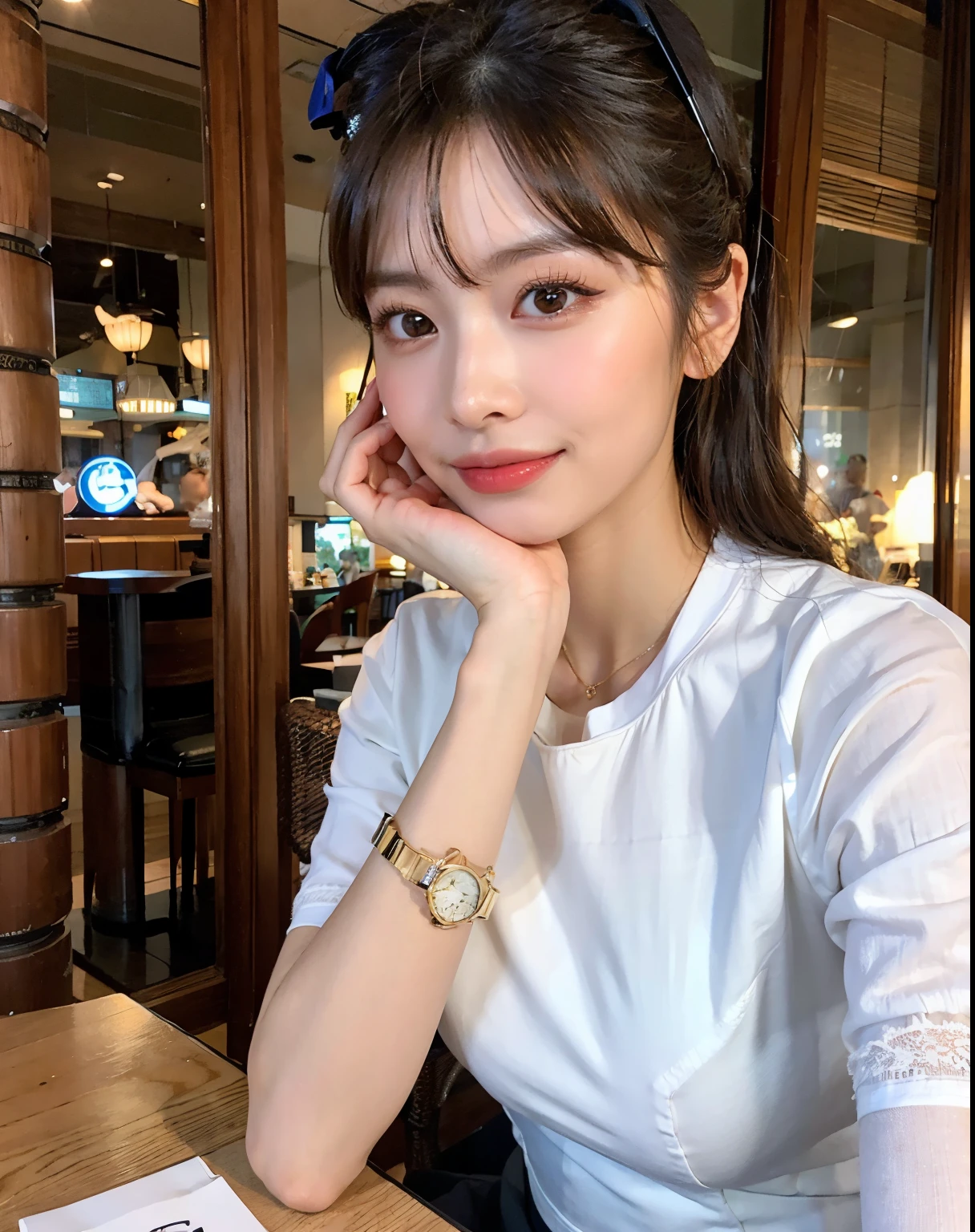masutepiece, Best Quality, Illustration, Ultra-detailed, finely detail, hight resolution, 8K Wallpaper, Perfect dynamic composition, Beautiful detailed eyes, Wearing a navy business suit、A woman with a wrist watch on her wrist is sitting at a table, Navy christened business suit、Gorgeous young Japan woman, Beautiful young Japan woman, young cute wan asian face, beautiful japanese female, face with artgram, girl cute-fine-face, 8K selfie photo, the face of a beautiful Japanese girl, tzuyu from twice、In a fashionable café