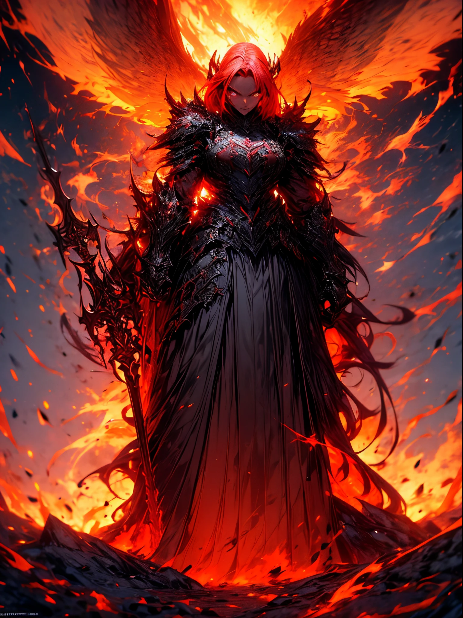 a beautiful female, a demon slaying female, fearful beautiful eyes, beautiful body, Beautiful face, dragon Armor, Collapsed civilization with dead dragons on the background, mixture a fire and water elements raging from his sword and from behind, facing toward camera, red and black eyes, 4k wallpaper, ultra high detailed,