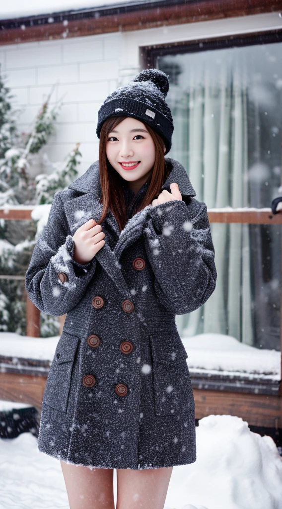 28 years old, A beautyful girl, Full body photo, The chest is small, By bangs、NSFW、barechested、A smile、snow landscape、pony tails、There was snow outside the window