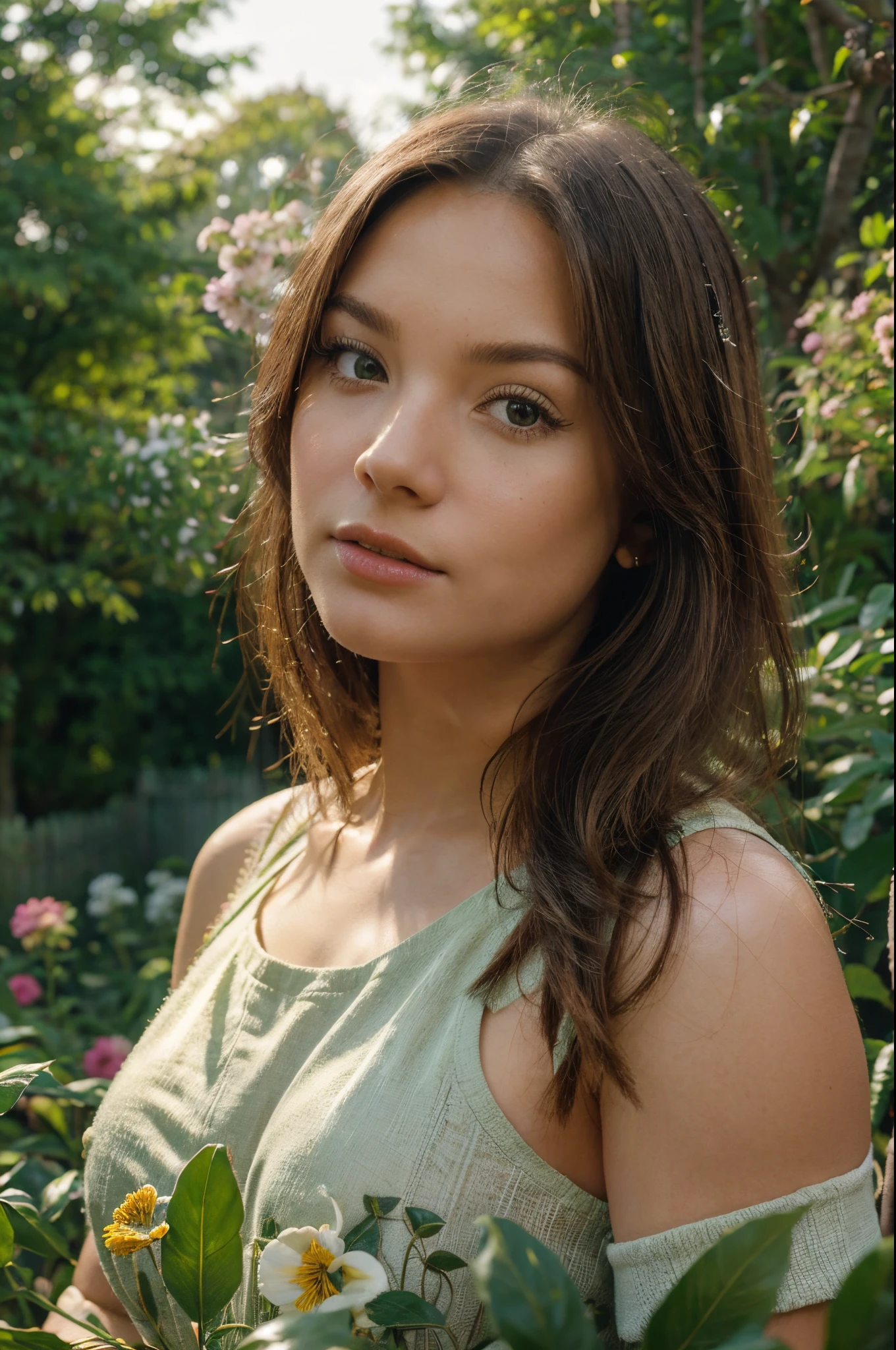 A girl in a garden, beautiful detailed eyes, beautiful detailed lips, extremely detailed eyes and face, long eyelashes, 1girl, vivid colors, (best quality,4k,8k,high-res,masterpiece:1.2), ultra-detailed, HDR, studio lighting, realistic, portraits, medium: oil painting, (plants, flowers, trees, grass:1.1), (sunny, warm:0.9), bokeh