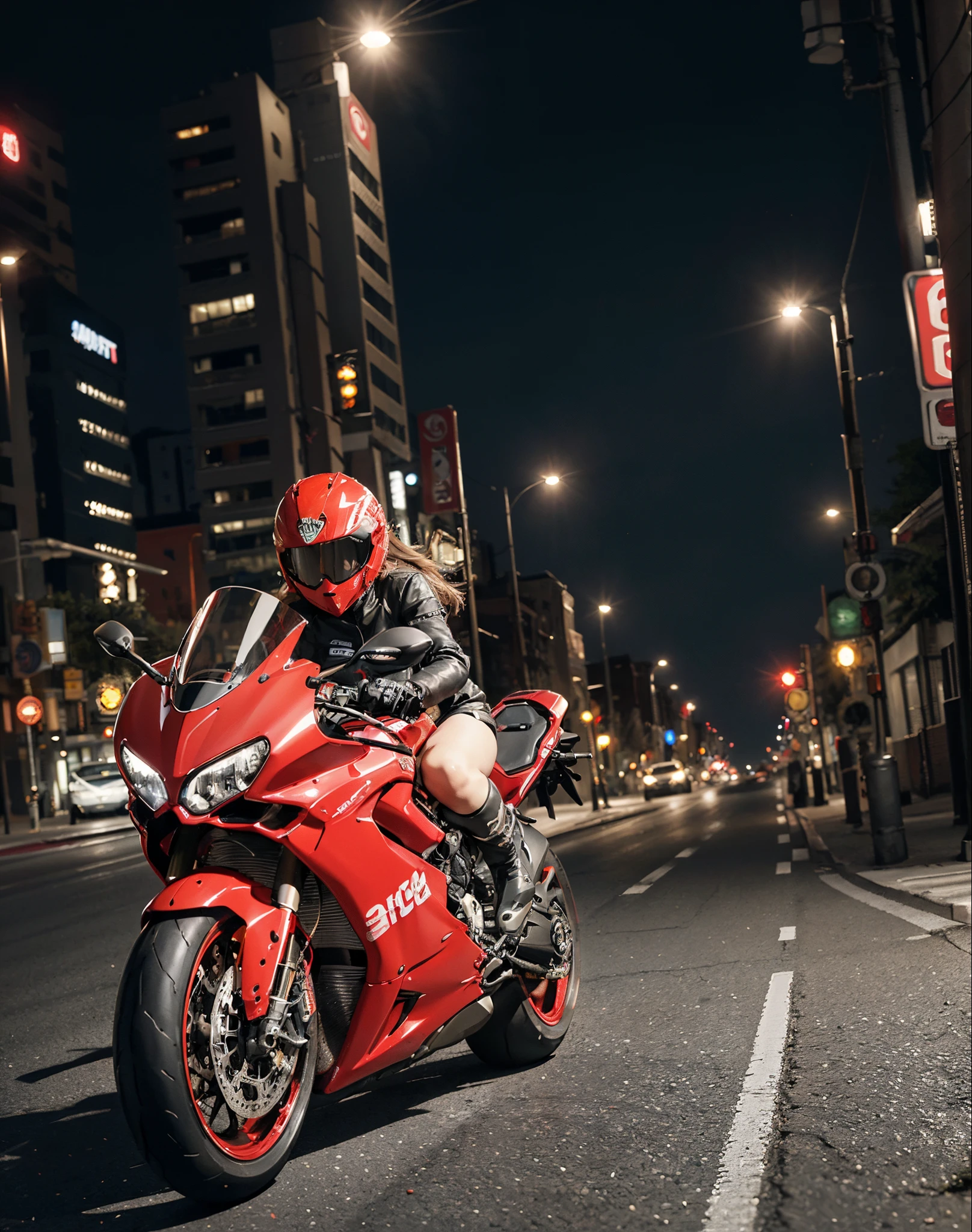 hight resolution、high-level image quality、in 8K、Real live-action、Raw photography、top-quality、masterpiece、masutepiece、(Soft Saturation:1)、(depth of fields:1.2)、(Ray traching:1.2)、Dynamic camera angles、mid night、optic、The background is a sci-fi future city at night.......、Light traces、particles of light are dancing、Dynamic Poses、heavy wind、Big red motorcycle speeding through the city at night、Young woman in red dress sitting on a big red motorcycle, Beautiful face、kawaii faces、(Red dress:1.2)、(Red short skirt:1.3)、white knee highs、(Red boots:1.2、Draw the toes:1.2)、perfect hand、perfect foot、perfect ankles、Perfect toes、Perfect toes、Perfect Heel:1.3、((Grasp the controller with both hands:1.2))、Slouched、put one'Upper body, Lower body:1.2、Sitting on the Ducati Panigale V4,Riding the Ducati Panigale V4, Sci-fi style bikes, Sci-fi style bikes, Ducati Panigale V4 Motorcycle Rider, How to ride the Ducati Panigale V4, (Draw left and right rearview mirrors:1.3)、headlights shine blue、picture of a female biker, motorbike,Motorcycle displacement: Ducati Panigale V4 Details、motion-blur、white smoke from tires、