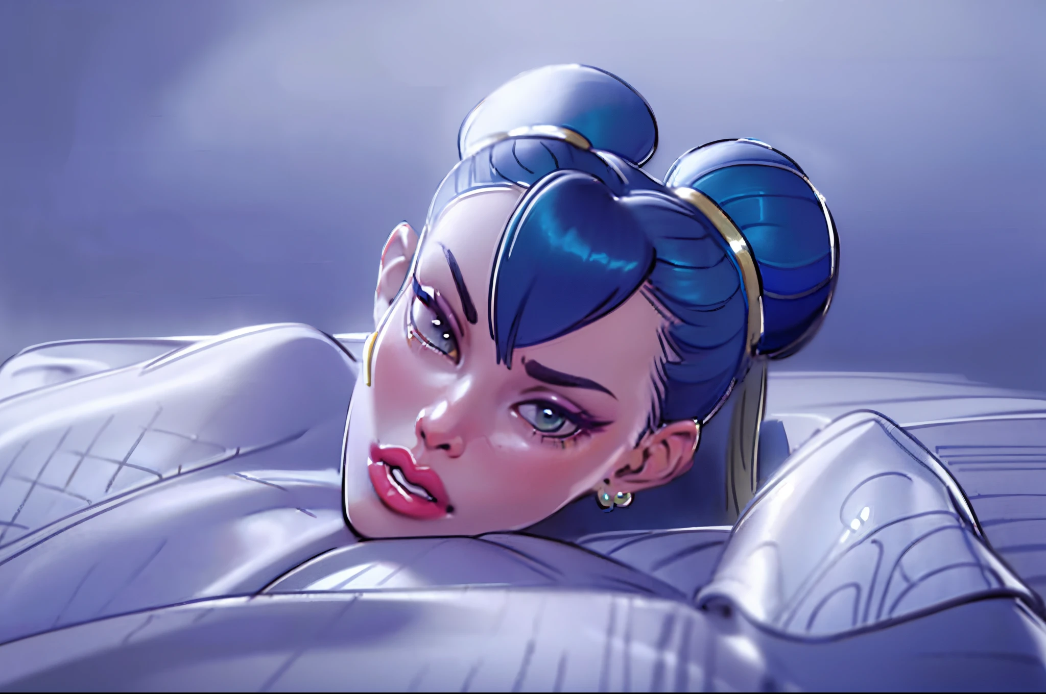 (View from above:1.1), ((Best quality, 8k, Masterpiece:1.5)), pretty woman, 1girl, ((chun_li)), gigantic breasts :1.3, (firm abs, slender figure :1.1), laying down on bed, inviting the viewer, lustful, ((teal hair)), (laying on stomach, stockings:1.1), ((choker, twin buns)), ultra-detailed face, ((hair ribbons, white boots)),((realistic details))detailed puffy lips, detailed eyes, double eyelid, masterpiece, 8k, ((detailed face)), ((sketch lines)), detailed background