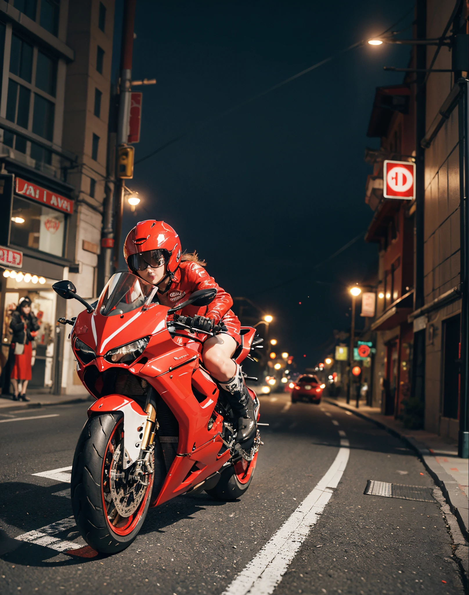 hight resolution、high-level image quality、in 8K、Real live-action、Raw photography、top-quality、​masterpiece、masutepiece、(Soft Saturation:1)、(depth of fields:1.2)、(Ray traching:1.2)、Dynamic camera angles、mid night、optic、The background is a sci-fi future city at night.......、Light traces、particles of light are dancing、Dynamic Poses、heavy wind、Big red motorcycle speeding through the city at night、Young woman in red dress sitting on a big red motorcycle, Beautiful face、kawaii faces、(Red dress:1.2)、(Red short skirt:1.3)、white knee highs、(Red boots:1.2、Draw the toes:1.2)、perfect hand、perfect foot、perfect ankles、Perfect toes、Perfect toes、Perfect Heel:1.3、((Grasp the controller with both hands:1.2))、Slouched、put one&#39;Upper body, Lower body:1.2、Sitting on the Ducati Panigale V4,Riding the Ducati Panigale V4, Sci-fi style bikes, Sci-fi style bikes, Ducati Panigale V4 Motorcycle Rider, How to ride the Ducati Panigale V4, (Draw left and right rearview mirrors:1.3)、headlights shine blue、picture of a female biker, motorbike,Motorcycle displacement: Ducati Panigale V4 Details、motion-blur、white smoke from tires、