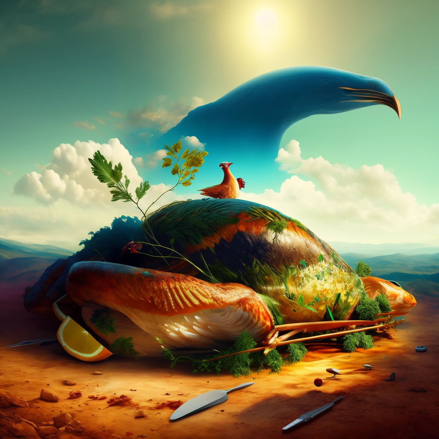 [surreal art, dreamlikeart : Roasted turkey, dreamlikeart :10]