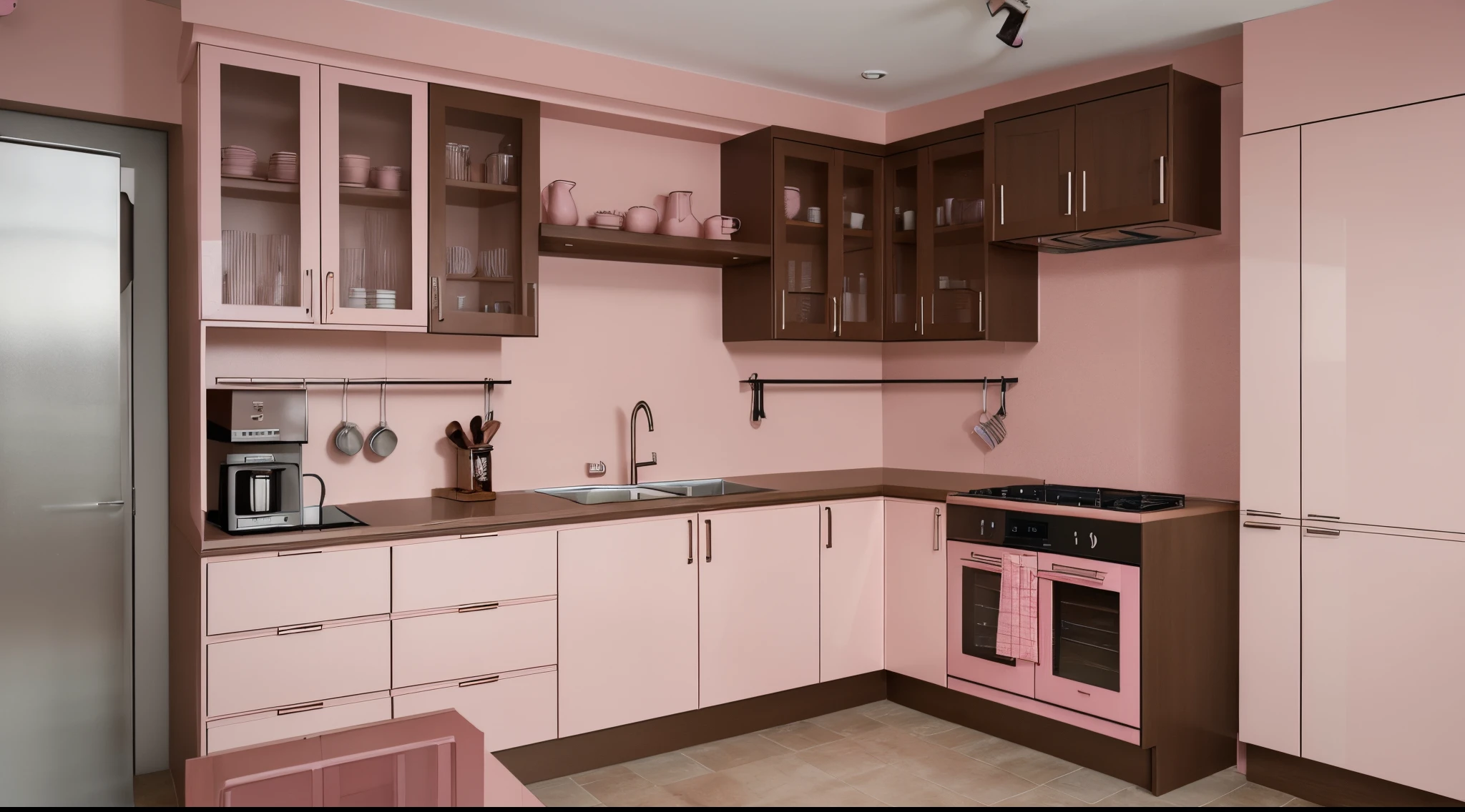Redesigned in pink and brown, the functional layout is similar to this kitchen model