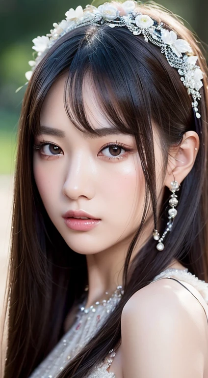 Create and express the best shining composition of the person in a realistic way。((masterpiece))、(((top-quality)))、((ultra-detailliert))、(A hyper-realistic)、(highly detailed CGillustration)、(extremely delicate and beautiful)、Girl a masterpiece、top-quality、Realistic skin feeling、Realistic fabric、We will introduce a realist illustration focusing on the center front of girls with realistic and ultra-detailed eyes.。This is the absolute rule, and the following sentence expresses the image quality。 The greatest painter in human history meets an unparalleled beauty、It is the greatest masterpiece in the history of the Inuiku Ichigo, which depicts the most beautiful figure of a lifetime.。 Create stunning anime artwork that is currently trending on seaStation、Introducing exquisite beauty and seductive aesthetics。jeweled dress