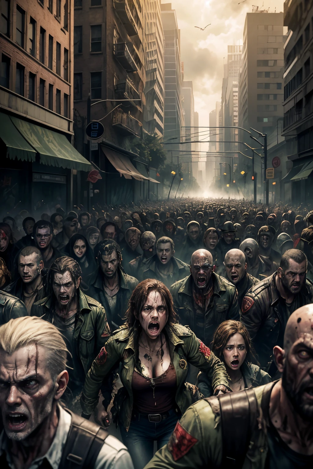 Zombies tearing at crowds in the streets,Outbreak of zombie virus in the crowd,Chaotic and dilapidated streets,A crowd fleeing in panic,Armageddon,Zombie games,Resident Evil,Realistic scenes,ultraclear,Lots of detail