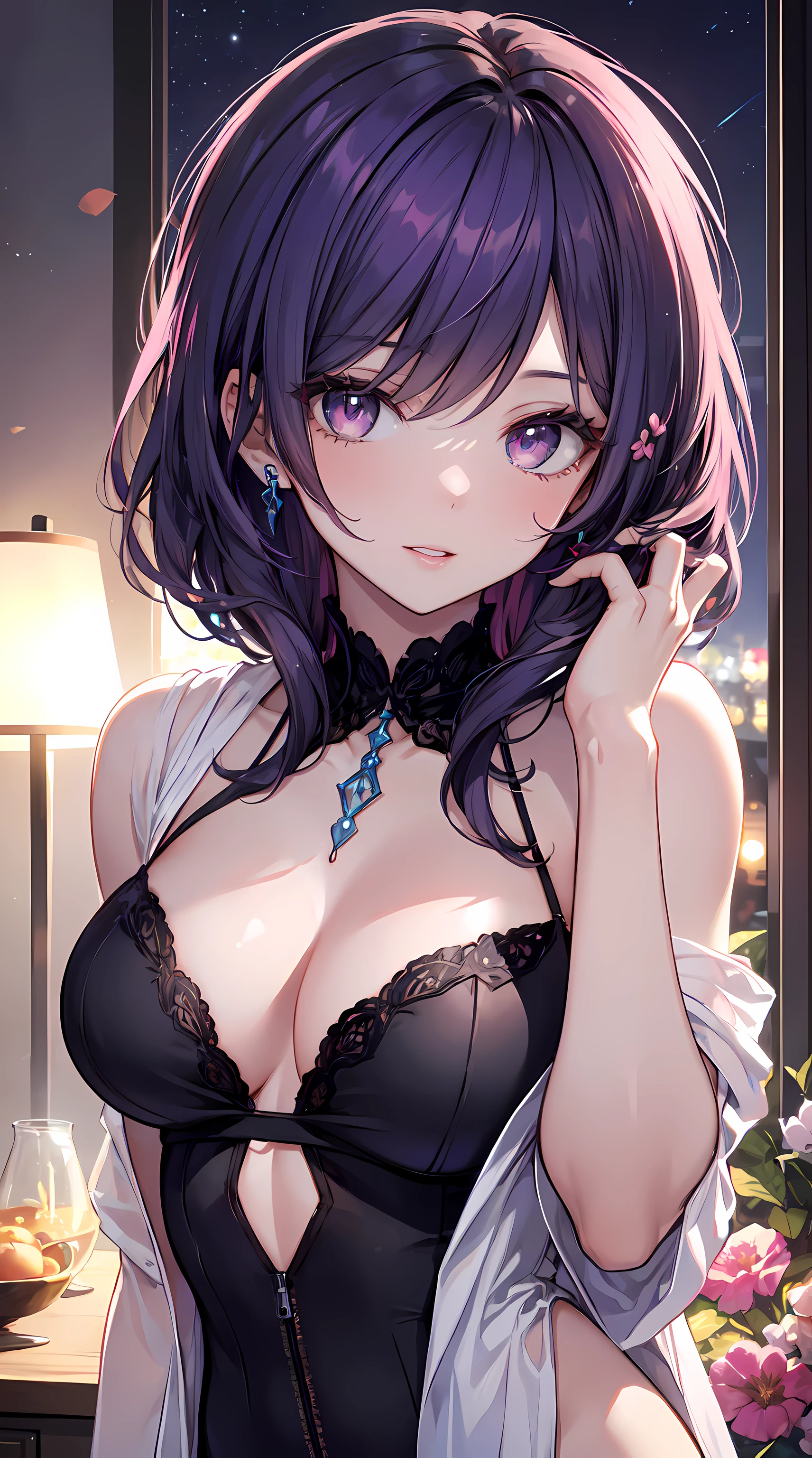 Best quality,4K,8K,A high resolution,tmasterpiece:1.2,ultra - detailed,actual, HighDynamicRange,hyper HD,Studio lighting,Ultra-fine painting,Extremely detailed description,professional,bokeh,girl,Those girls,beautidful eyes,beautiful detailed lips,Extremely detailed eyes and face,Long eyelashes,The landscape,With gorgeous purple hair,a pink eyes,middlebreast,Sexy figure (skin detailed: 1.3),robed,Happy,face flushed,during night,themoon,Loose flowers,Elegant,Smooth skin,The mouth opens slightly,lipsticks,Tattooed with,the shy
