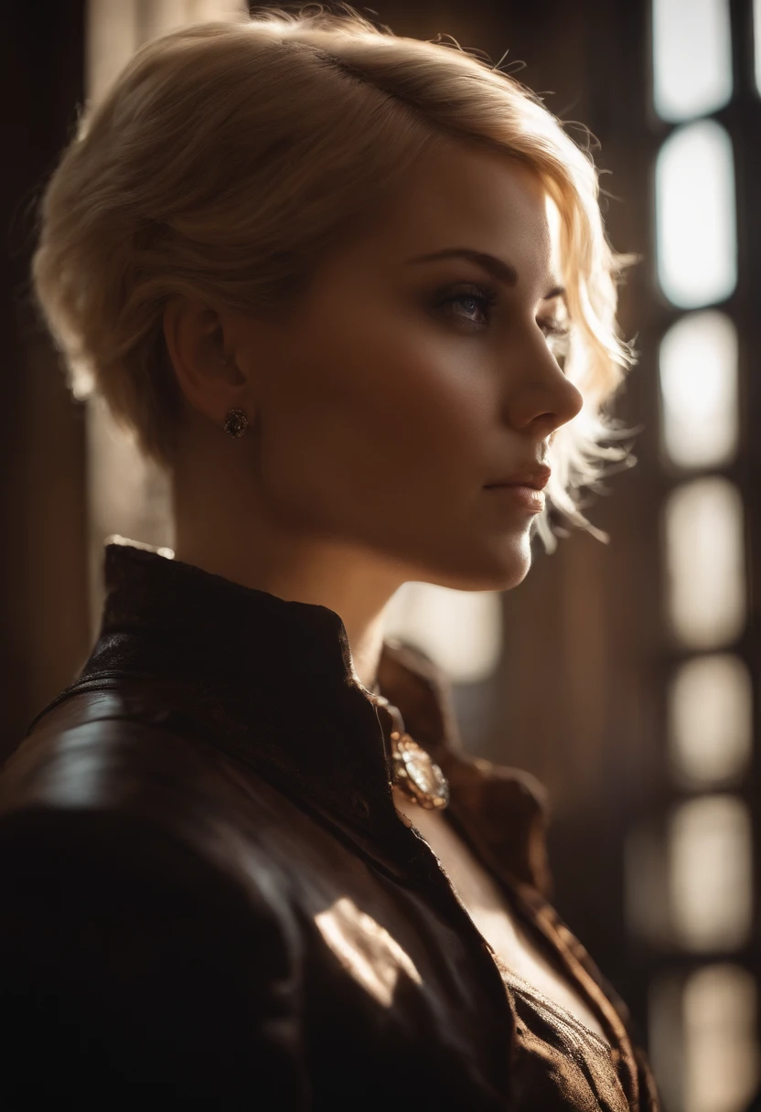 Girl with short blonde hair,atmospheric lighting,monotone,busts,Steampunk