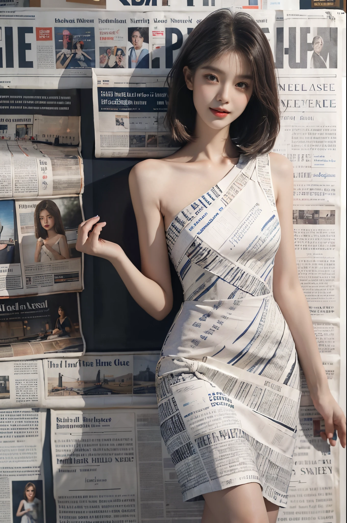 (Masterpiece, Best Quality, High Resolution),(newspapers Background),a sweet Girl,((shoulder length straight bob Hair)),straight Hair,small head,small face,clear face,detailed eyes,big watery eyes,detailed face,(dress made of newspapers,Gorgeous newspaper patterned evening dress),full Body,small breasts,slim,thin,slender legs,happy,laughing