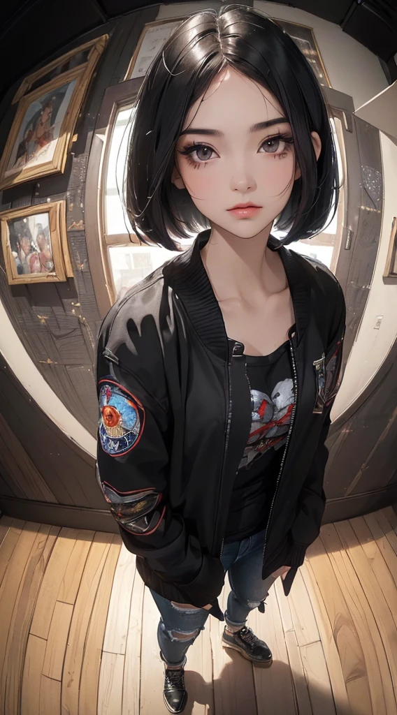 (((8k wallpaper of extremely detailed CG unit:1.2, masterpiece, hight resolution:1.2, top-quality:1.2, masutepiece))), ((a very beautiful woman, reach into jacket pocket:1.8, Grunge Fashion:1.2, Wearing a blouson, wearing skinny jeans, Wearing shoes)), ((extra detailed face, Extremely beautiful face, Highly detailed black eyes:1.2, extra detailed body, Top quality real texture skins)), (A dark-haired, bob cuts, de pele branca, Small), ((surrounded by colorful walls)), (high-angle, Fisheye:1.3), hyper realisitic, digitial painting,