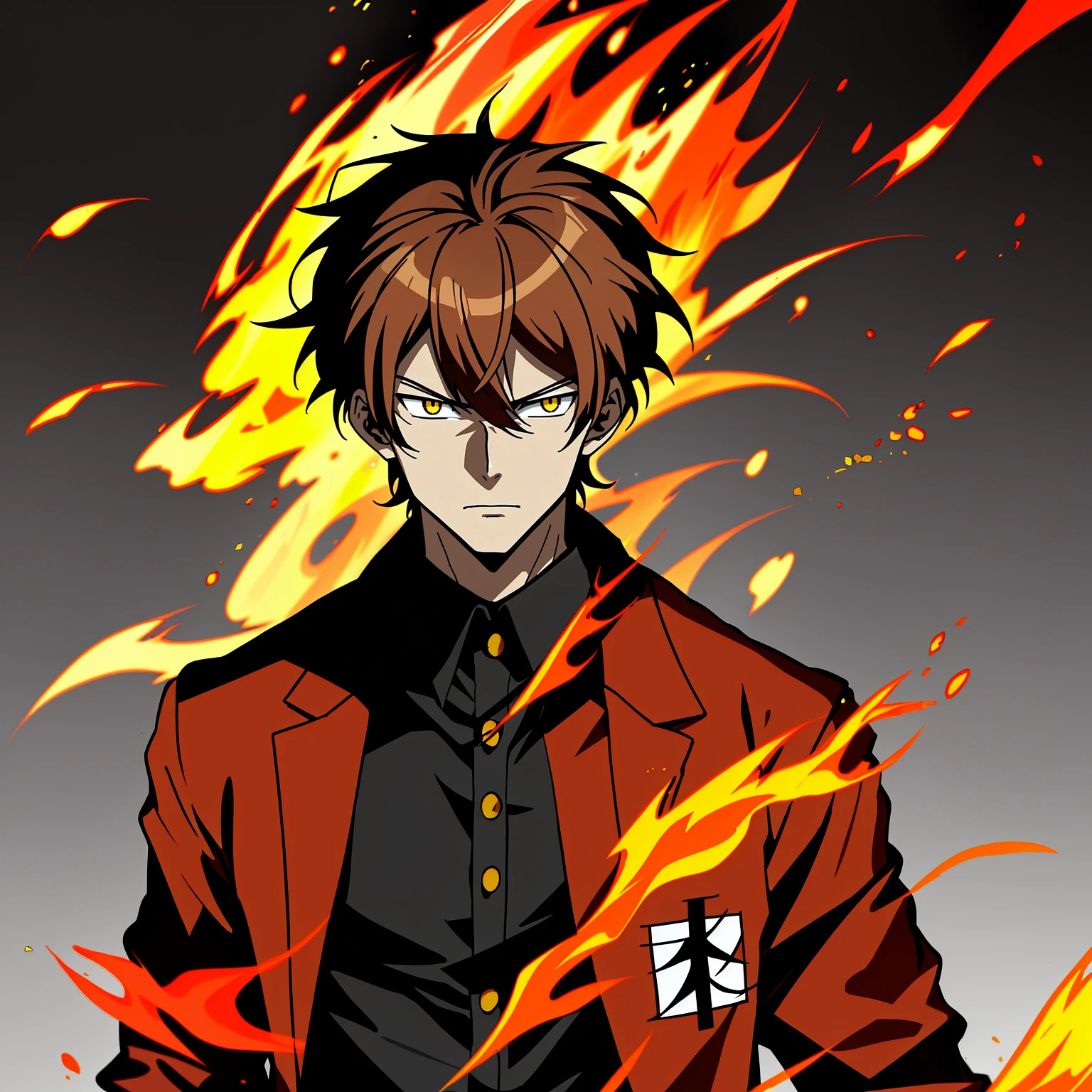 Anime characters with brown hair in black shirt,Red jacket and yellow flame, Key anime art, male anime character
