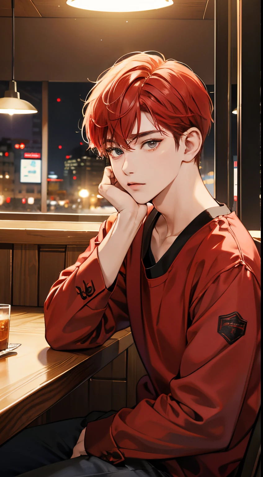 (hight resolution)、masterpiece、top-quality、Night、Red shorthair:0.8、Looking at Viewer、he is sitting on a chair in a hamburger shop:1.2、Shota:1.8、Casual winter clothes、Realistic facial features