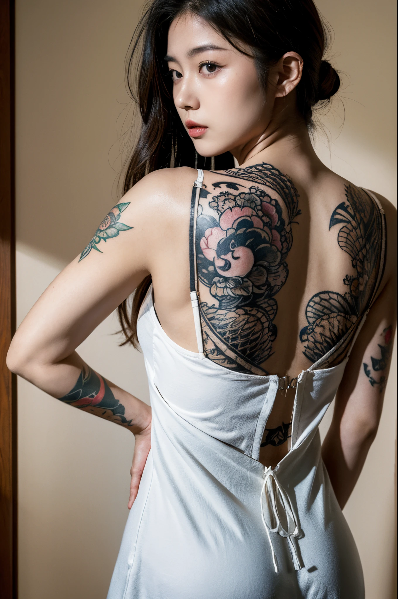 ((Masterpiece, Wlope style, Artwork, Portrait, Half body)) Beautiful and elegant yakuza girl DRAMATICALLY looking at her right side, no top dress, Big Dragon Tattoo at back, Detailed mask Background, Dark Ambient Lighting, Shot taken from back, Fantasy, Detailed tattoo, NSFW