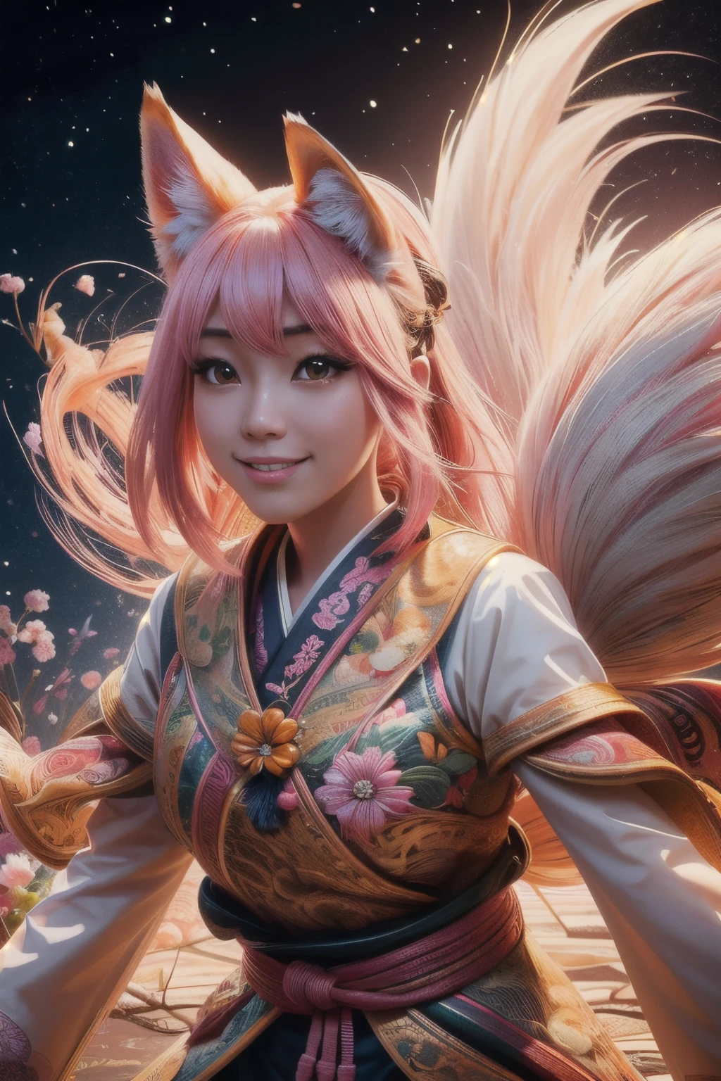 beautiful japanese young woman,Solo, Happy smiling official art, Unity 8k wallpaper, Ultra detailed, Beautiful and aesthetic, Beautiful, Masterpiece, Best quality, Kitsune witch, kitsune mask, Pink and white haori jacket, Foxfire spell, The fox is familiar, Transformation,Depth of field,