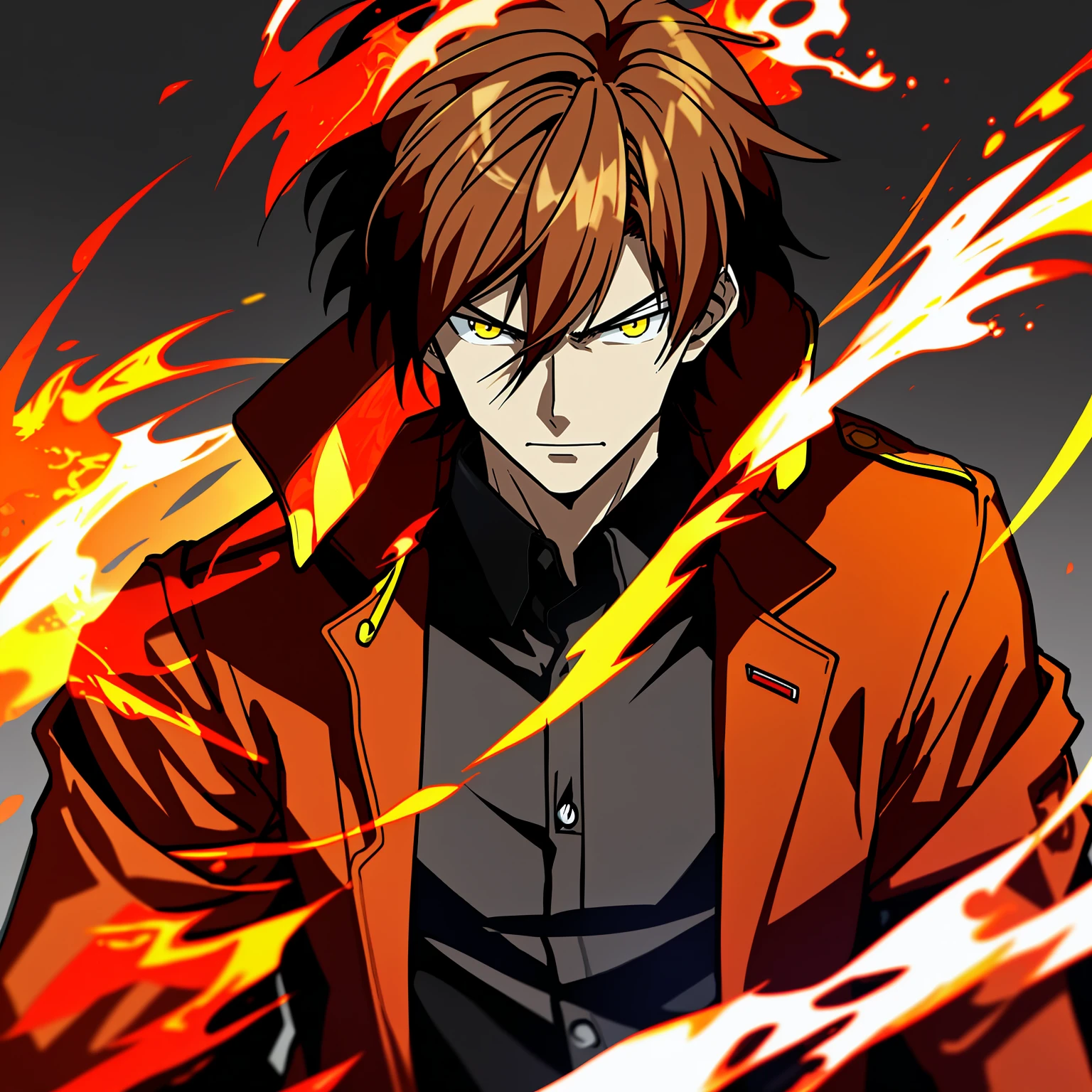 Anime character with brown hair and black shirt，Red jacket and yellow flame, Key anime art, male anime characters