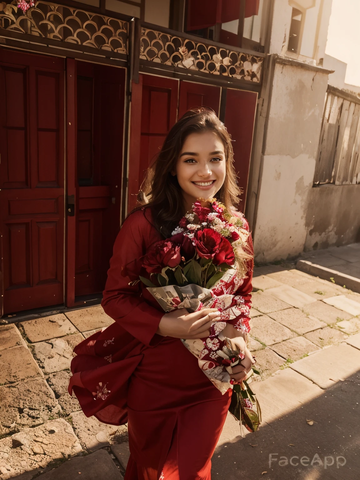 beautiful girl with flowers, smiling realistic, georgeous in red long dress