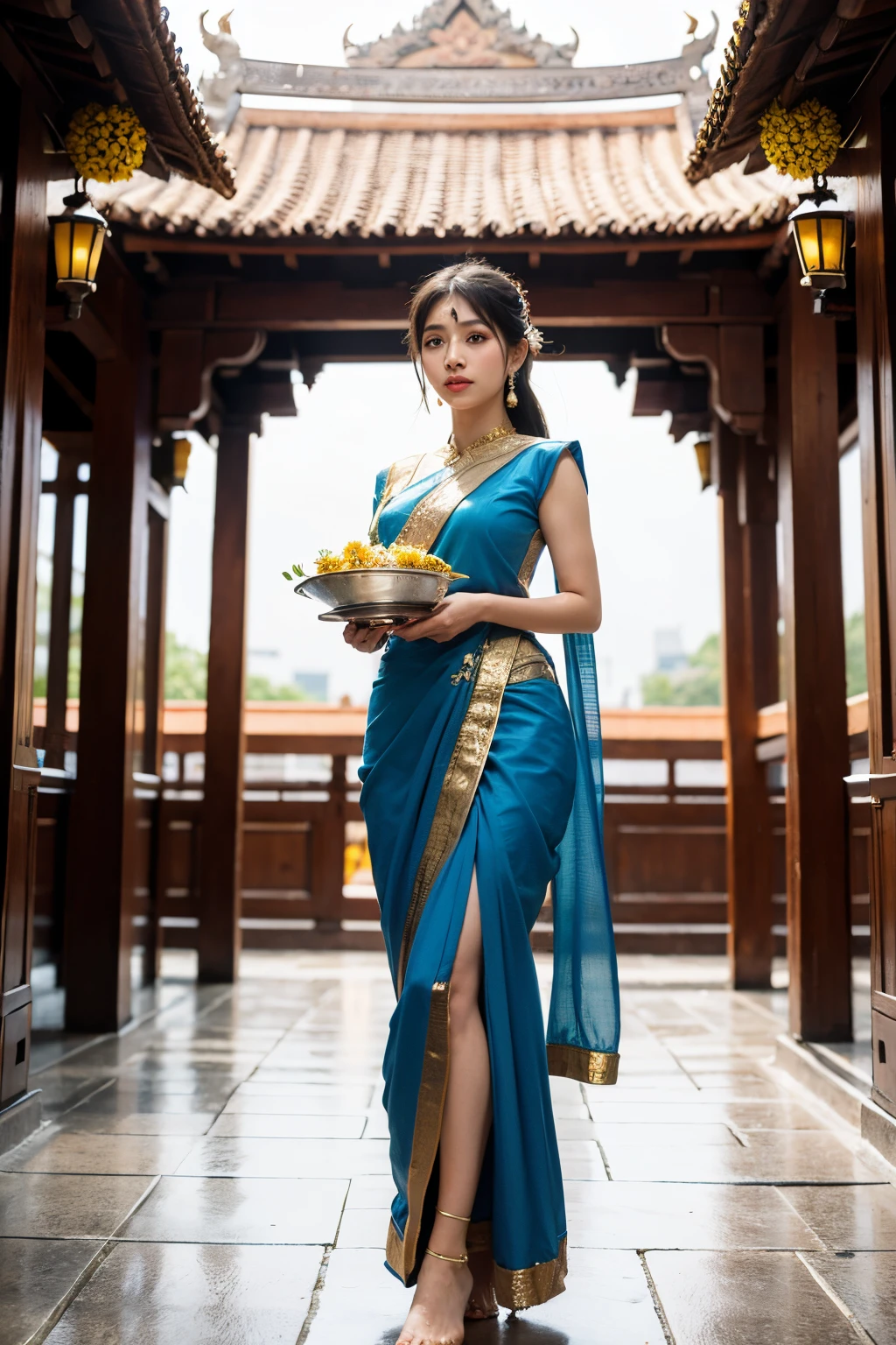 Masterpiece,Row photo, details, hyper realistic,arafed woman in a blue sari holding a plate of flowers, sukhothai costume, in style of thawan duchanee, "Loy Krathong Festival", traditional beauty, anime thai girl, south east asian with long, nivanh chanthara, traditional, thailand art, traditional art, tithi luadthong, traditional dress, traditional tai costume, traditional clothes,8K, full body shoot, lightings,so beautiful golden Temple background